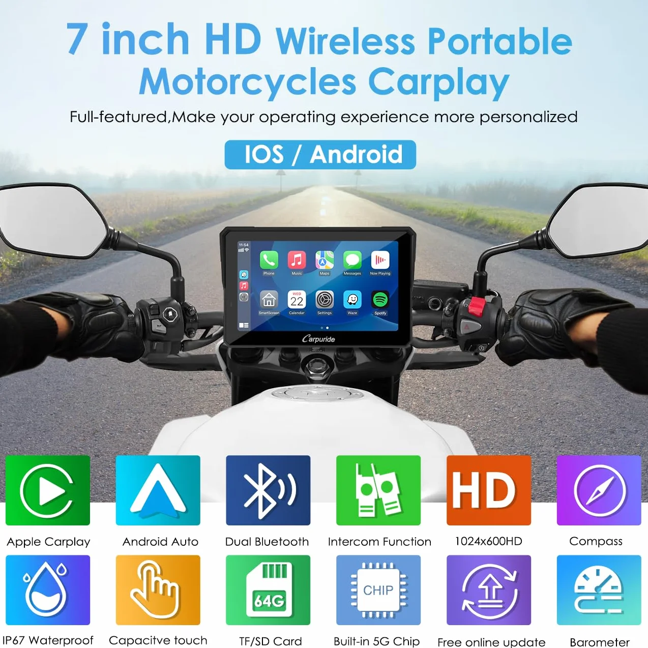 Carpuride W702 Pro Moto Carplay Schermo con Interfono Funzione, Senza Fili CarPlay e Android Auto, Portatile da 7 Pollici Impermeabile Touchscreen, Aggiornato Doppio Bluetooth, Navigazione, Bussola.