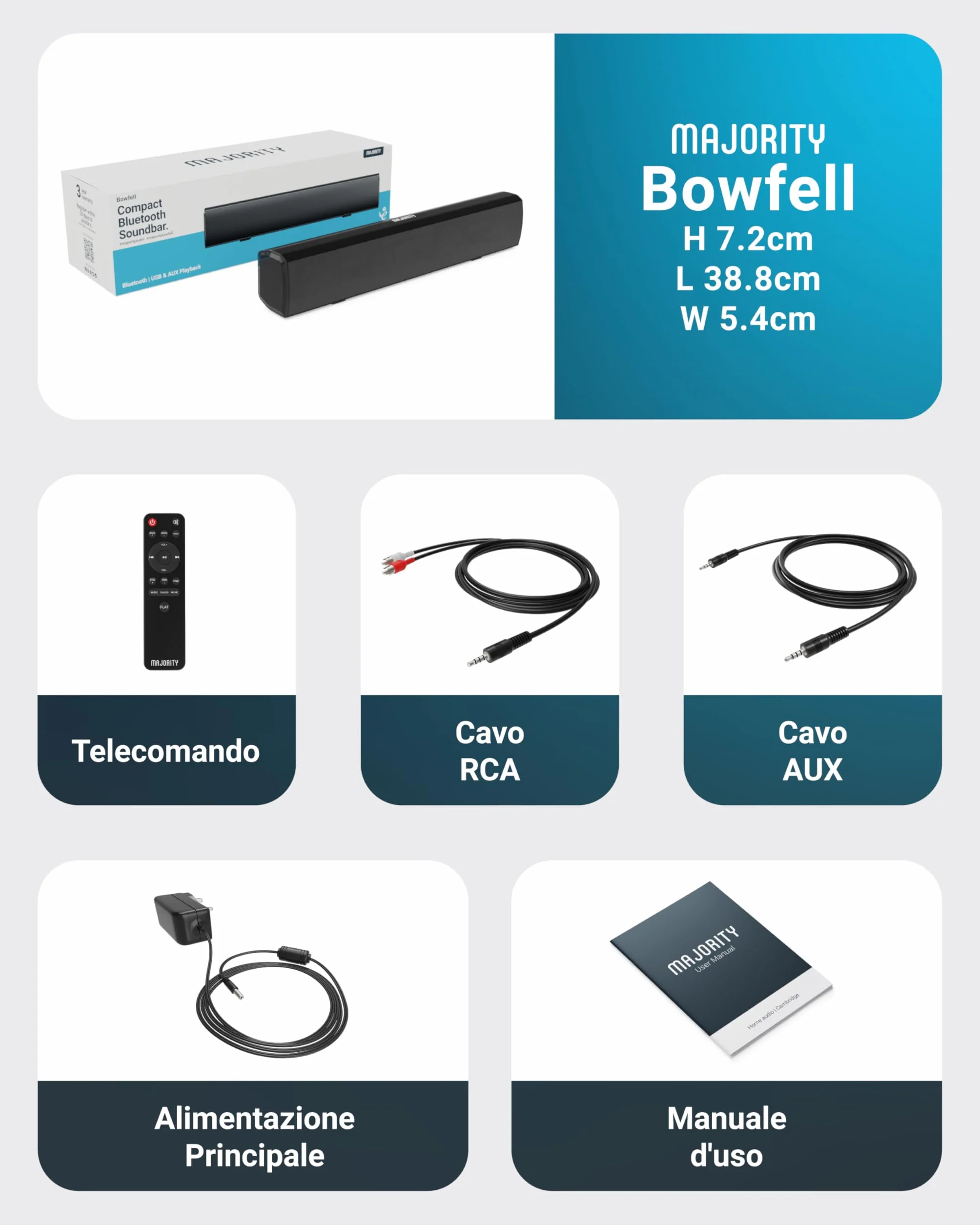 Majority Barra Soundbar Bluetooth 50W | Sound Bar TV e PC Compatta 2.0 | Casse per Televisore con Ingressi Ottico, RCA, USB, AUX, MP3 | Altoparlante Wireless con Telecomando Bowfell