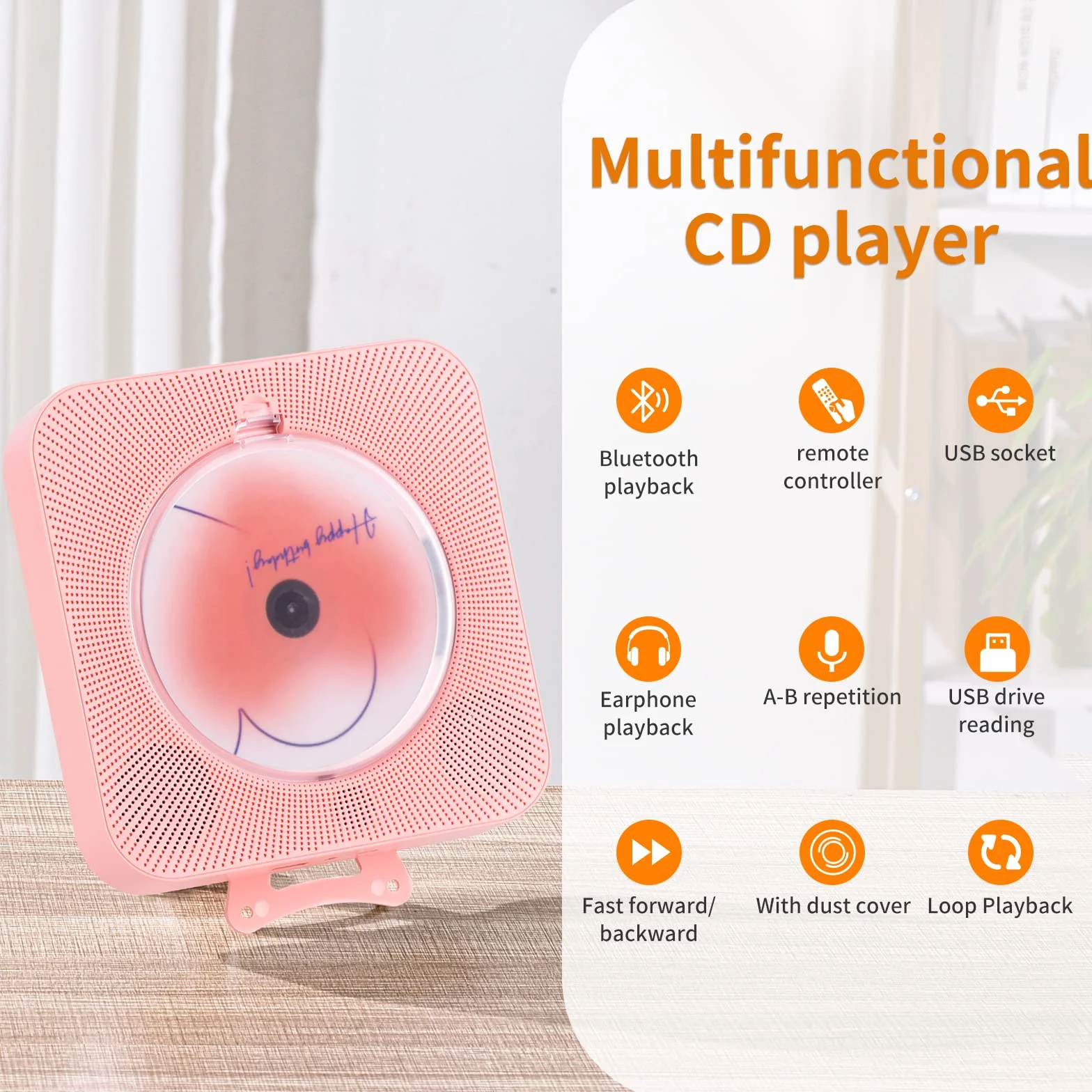 Yintiny Boombox Carino Lettore CD con Bluetooth 5.0 per l'Arredamento Domestico, Lettore CD Portatile con Altoparlanti per la Riproduzione Musicale, Lettore USB [rosa]