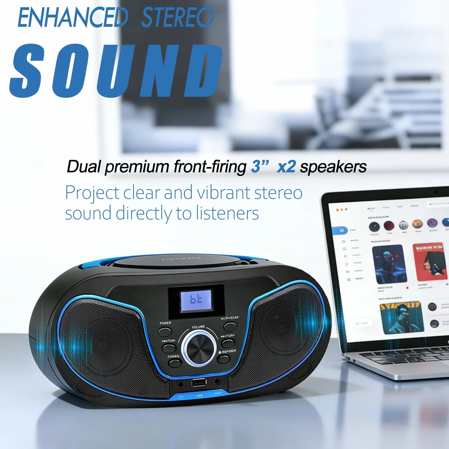 LONPOO Lettore CD Boombox Portatile - Stereo con Radio FM, Ingresso Bluetooth, USB, AUX, Uscita Auricolari, Audio Domestico Compatto, AC o Alimentato a Batteria (LP-D02)