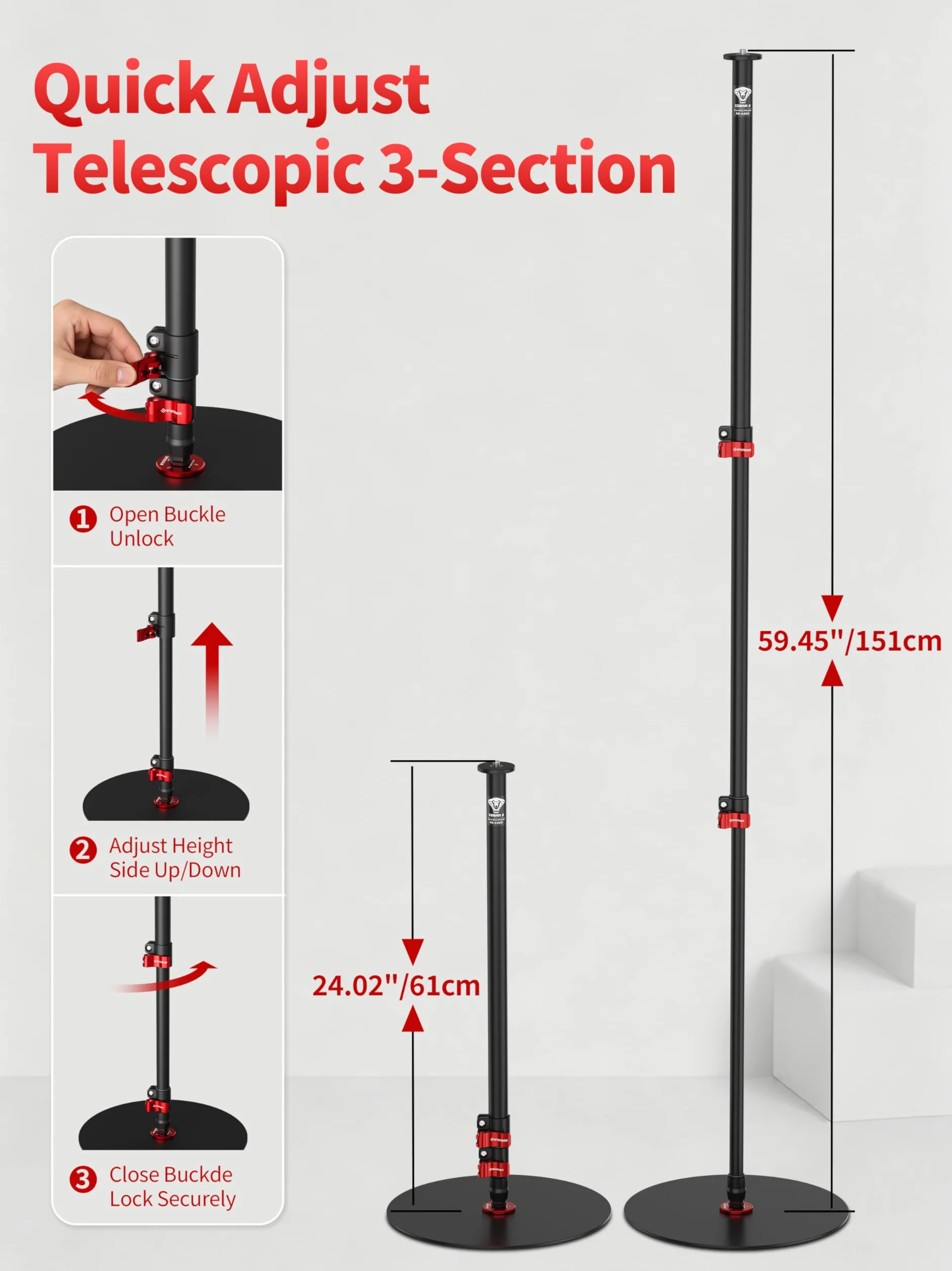 IFOOTAGE Cobra RB-A300, monopiede con base rotonda, monopiede professionale in alluminio per fotocamera con fibbia a regolazione rapida in altezza, compatibilità con fotocamere DSLR (151 cm)
