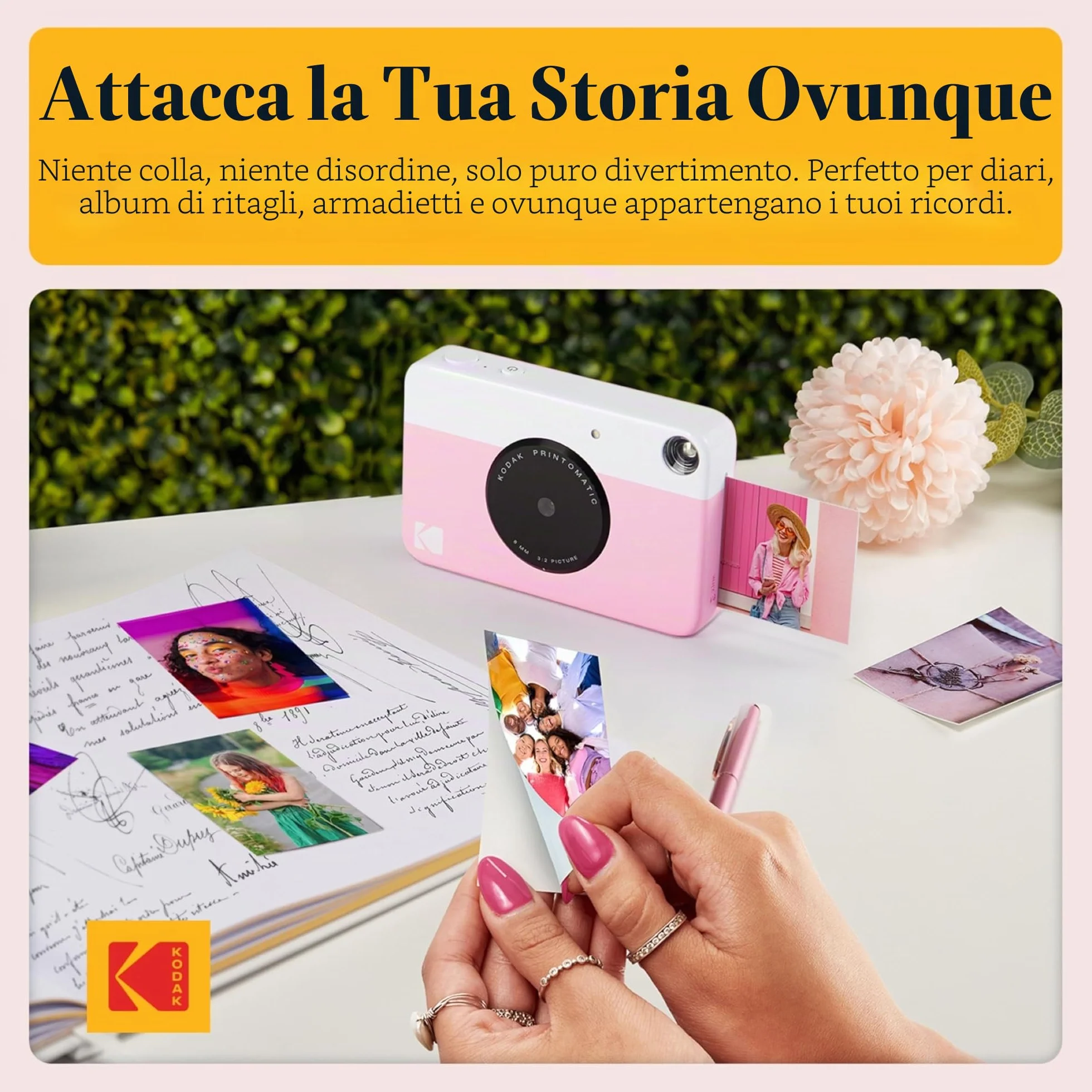 KODAK Printomatic Pacchetto iniziale per macchina fotografica a stampa istantanea a colori + Custodia morbida + Carta fotografica Zink 20pk - Foto colorate su carta adesiva 2x3" - Rosa