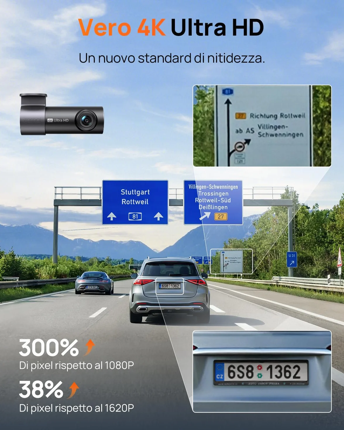 70mai Dash Cam Auto M310 Plus 4K, 2160P Mini Dashcam, Visione Notturna, WDR, Grandangolo, Sensore G, Registrazione In Loop, Controllo App