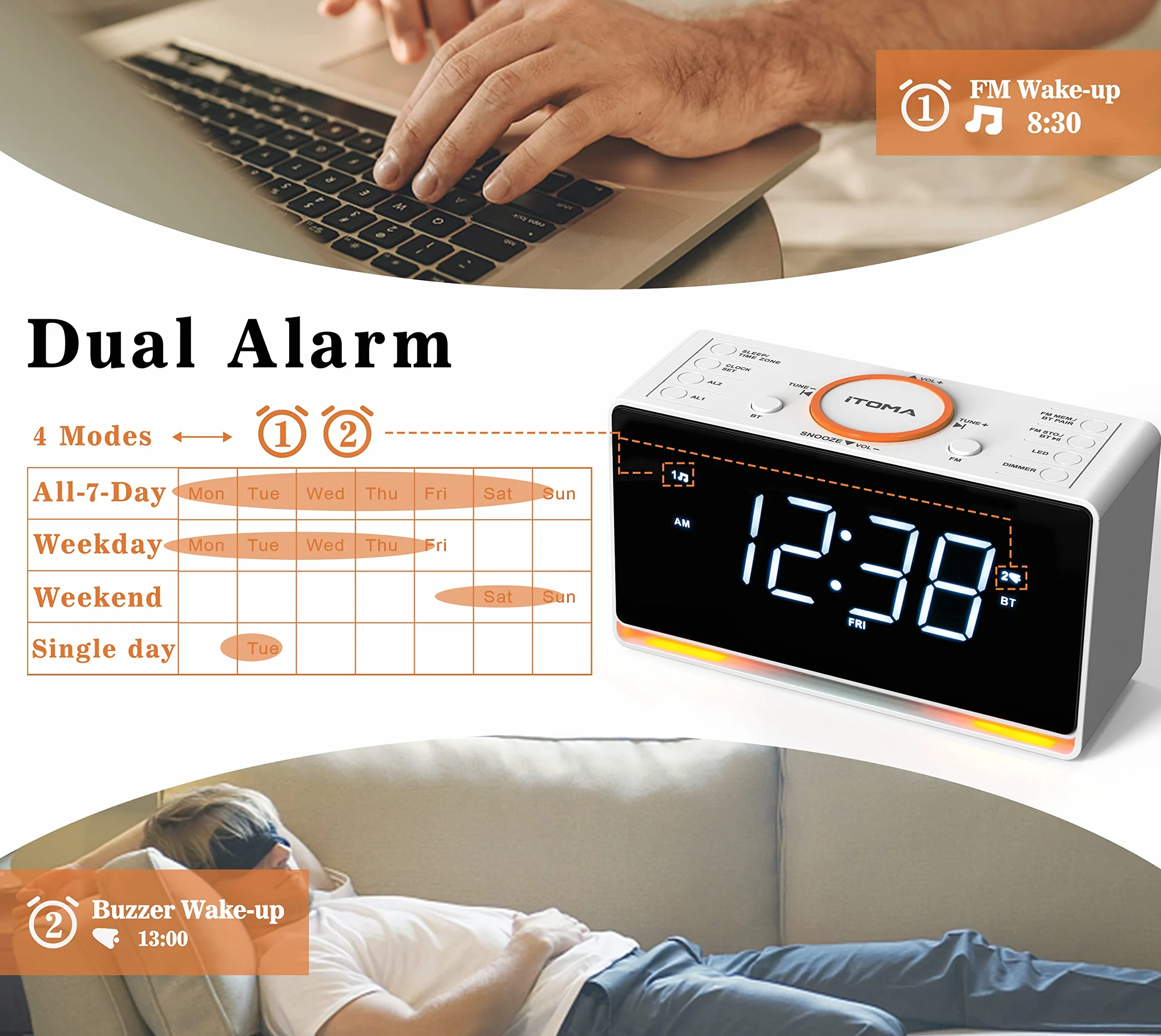 iTOMA Radiosveglia Bluetooth 1,4" Display LED Bianco FM Doppia Sveglia Timer Snooze Dimmer Caricatore USB CKS718