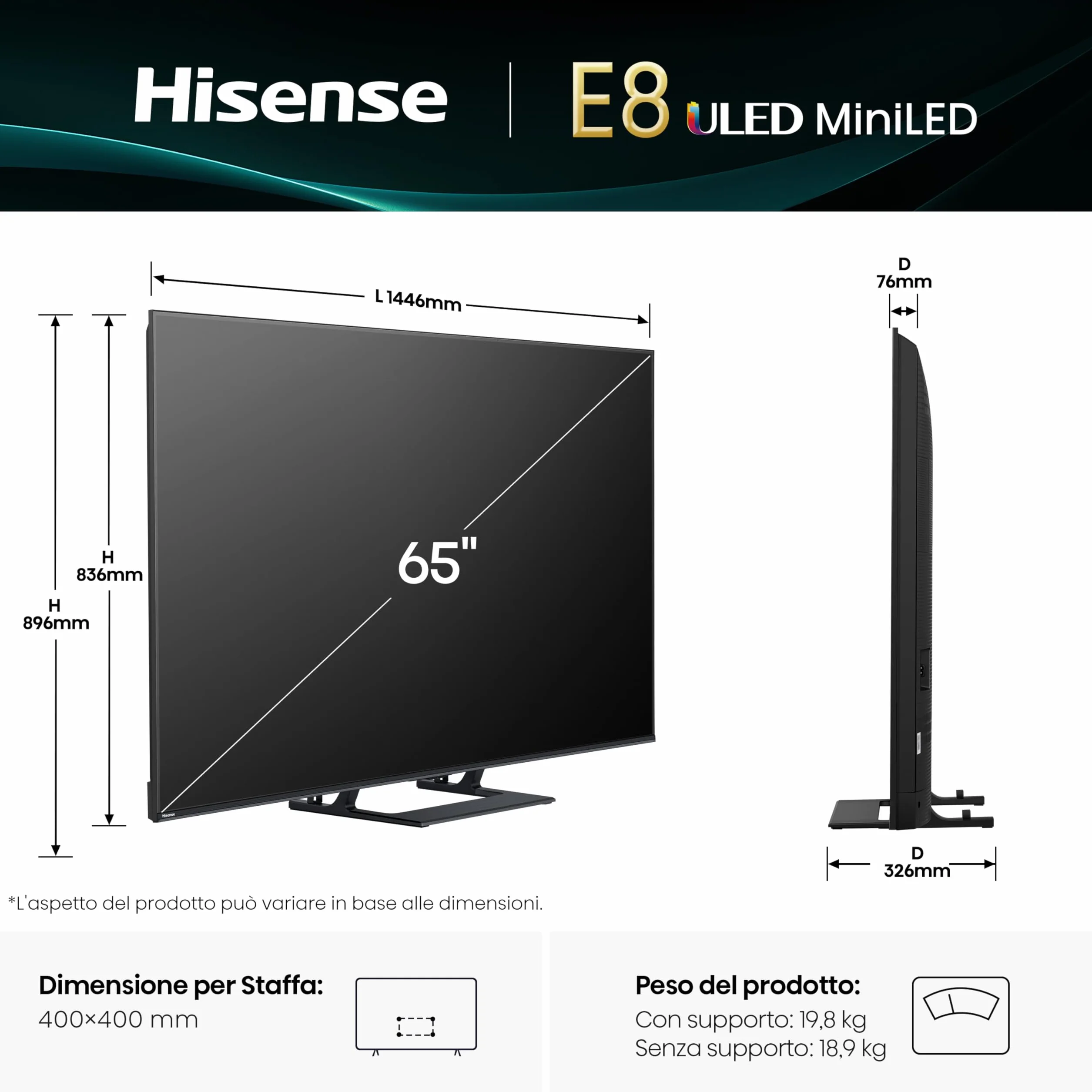 Hisense TV 65" Mini-LED 4K 144Hz Smart VIDAA U8 Dolby Vision IQ HDR10+ Adaptive Dolby Atmos 2.1 Subwoofer Alexa Built-in