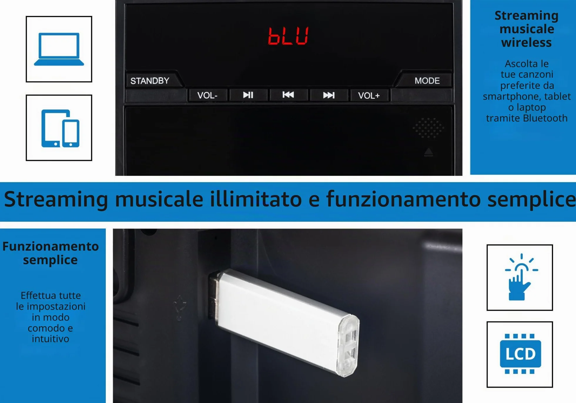 MCD-60 Impianto Stereo Verticale (Lettore CD/MP3, USB, Bluetooth, Aux in, Montaggio a Terra o a Parete, incl. Telecomando) Nero
