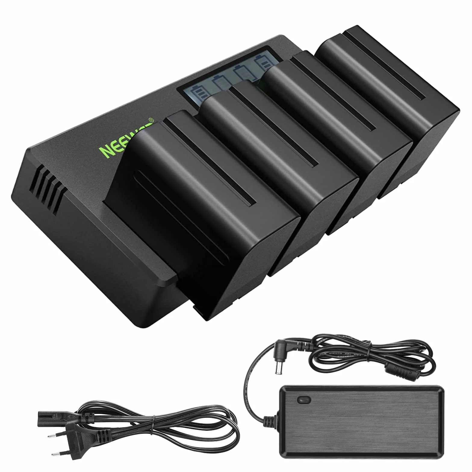 NEEWER 4pz Batteria Sostitutiva 7,4V 6600mAh NP-F970 con Caricatore a 4 Canali&Adattatore d' Alimentazione, Compatibile con NP-F550/750/770/970 FM500H QM71D QM91D, Monitor da Campo&Luce Video