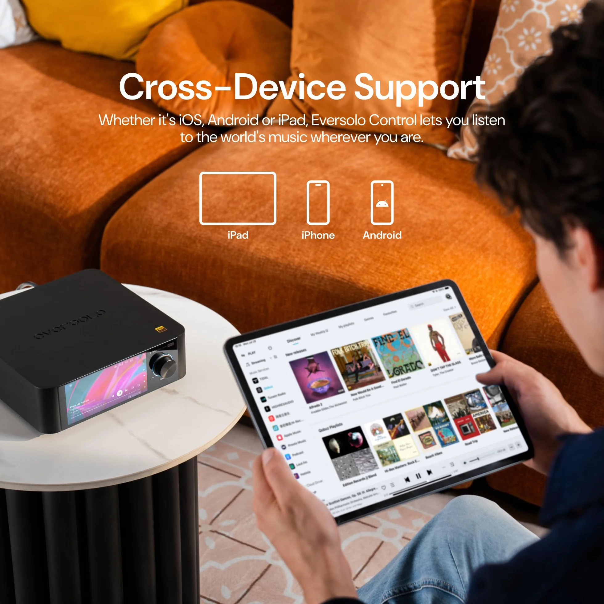 EVERSOLO streamer musicale tutto in uno con amplificatore touchscreen 5,5 pollici correzione di stanze nero