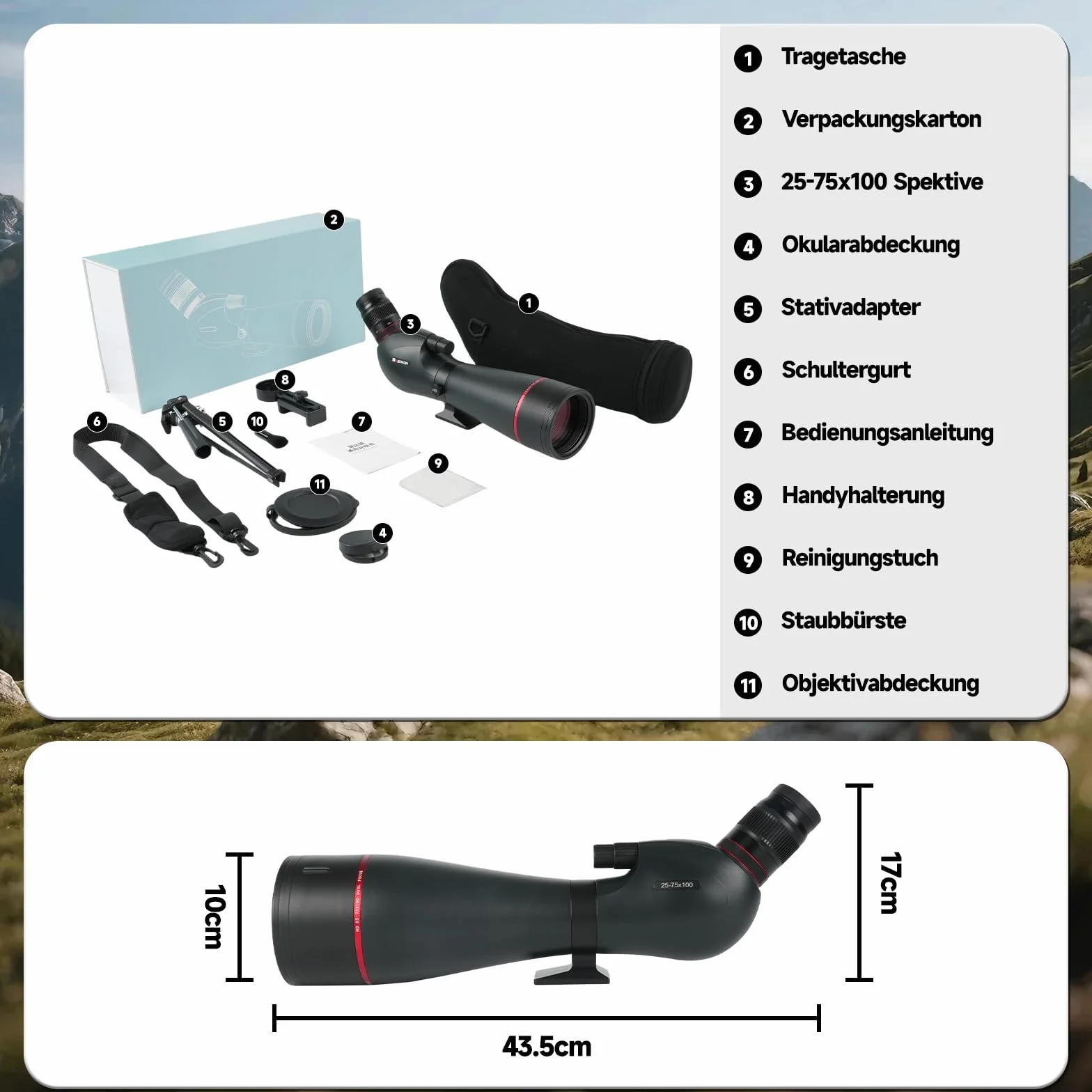 Cannocchiale da Osservazione 25-75x100 BAK4 FMC, Telescopio IPX7 Impermeabile Antiappannamento con Treppiede 360°, Adattatore Smartphone e Custodia per Birdwatching Caccia Astronomia