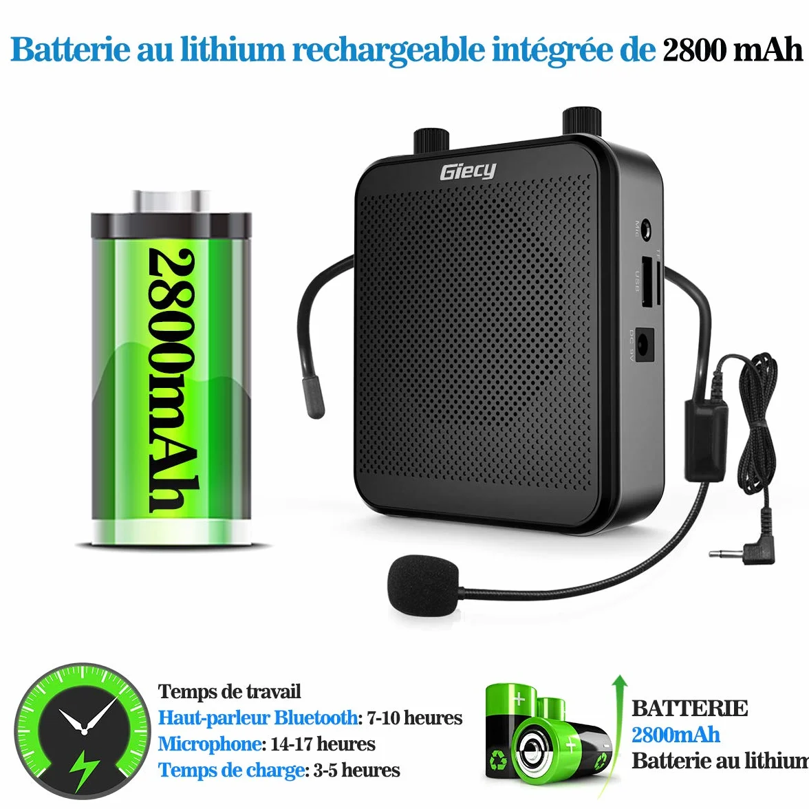 Amplificatore vocale portatile con microfono per cuffie da 30 W, batteria ricaricabile 2800 mAh, potente amplificatore voce per insegnanti, guide, allenatori, presentatori