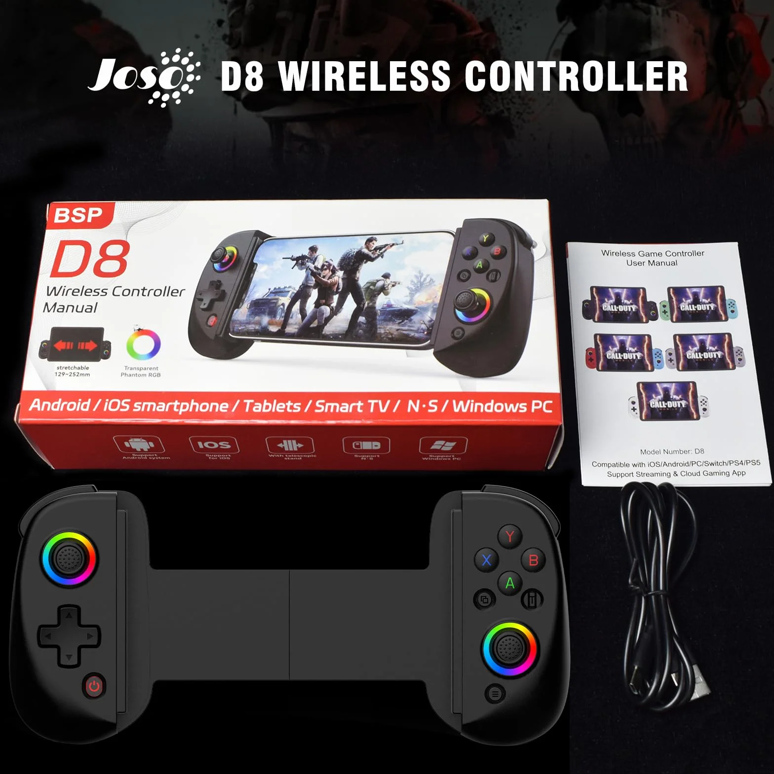 Joso Controller telefonico per iPhone/iPad/Android/Tablet, Controller D8 per Switch/PS/PC con joystick ad effetto Hall Riproduci COD, Genshin Impact, Supporto controller Android Cloud Gaming/Riproduz