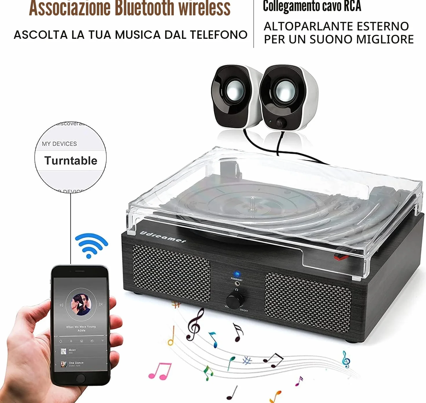 Udreamer Giradischi Bluetooth con Altoparlanti Integrati, Trasmissione a Cinghia, 3 Velocità, Legno Nero