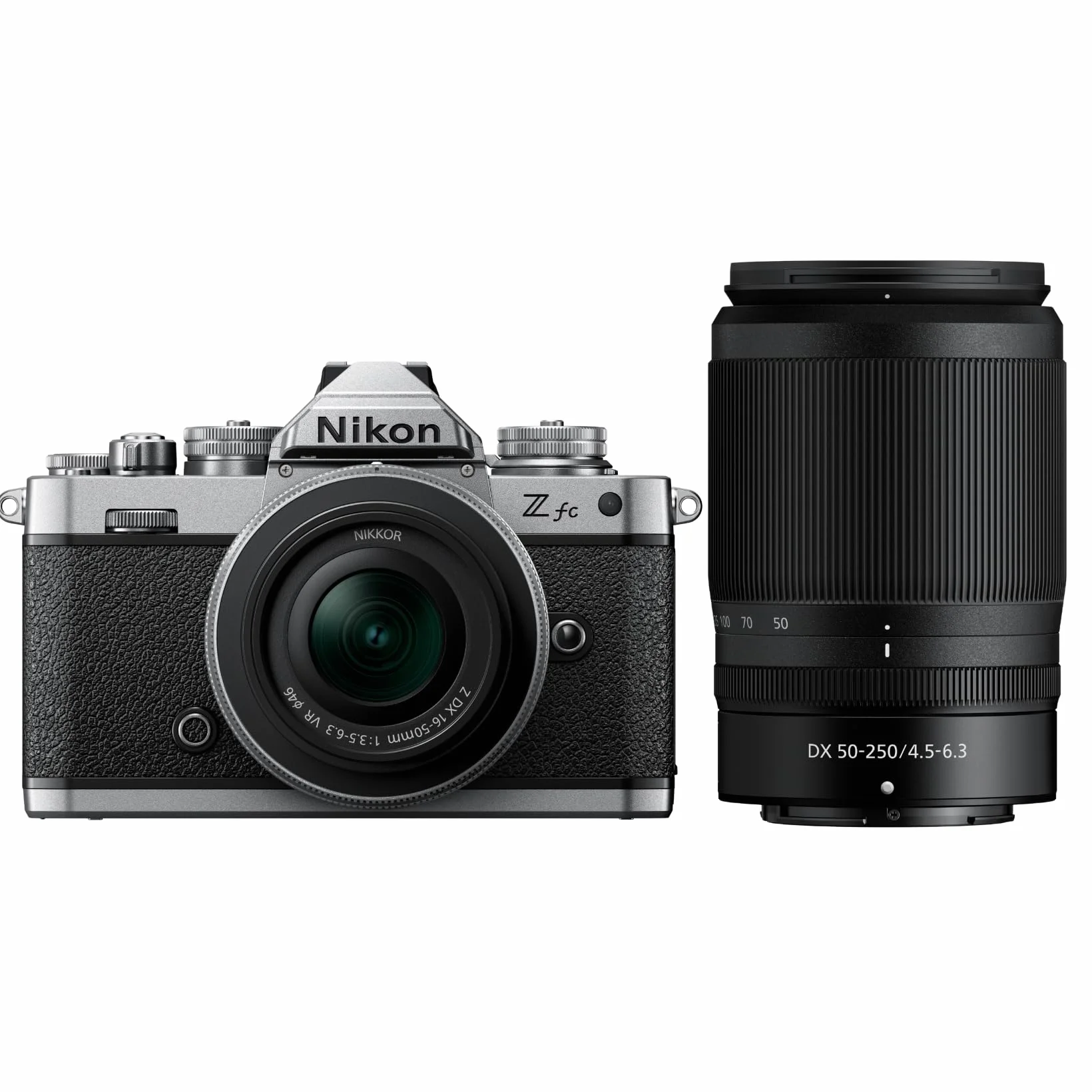 Nikon Z fc 16-50 VR + 50-250 VR+ Lexar SD 64GB, Mirrorless DX 20.9 MP, ghiere di controllo, mirino elettronico, 4K, monitor angolazione variabile, argento [Nital Card: 4 Anni di Garanzia]