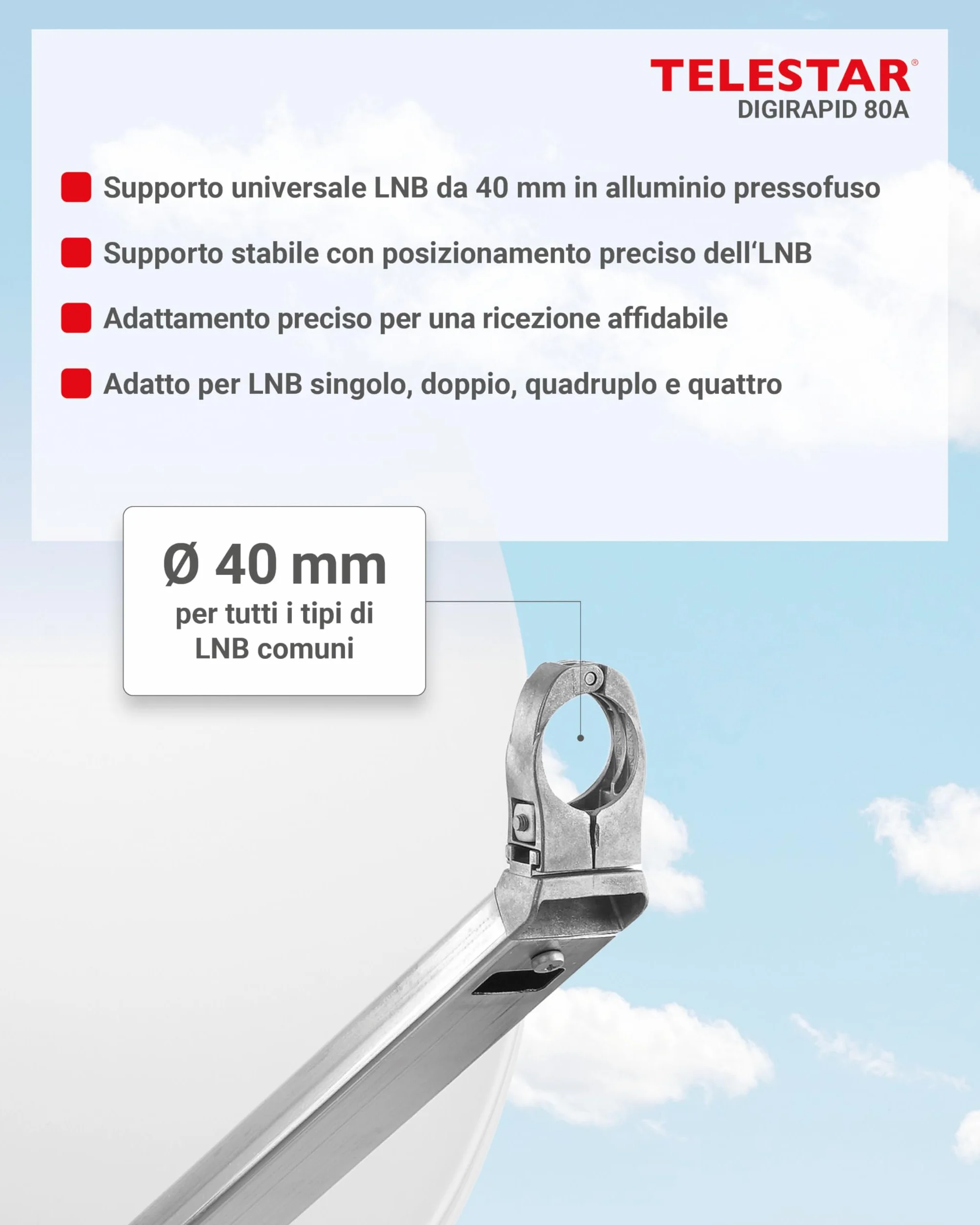 TELESTAR DIGIRAPID 80 A V2 – Parabola satellitare (80 cm, alluminio, braccio di supporto stabile e di alta qualità) – Grigio chiaro