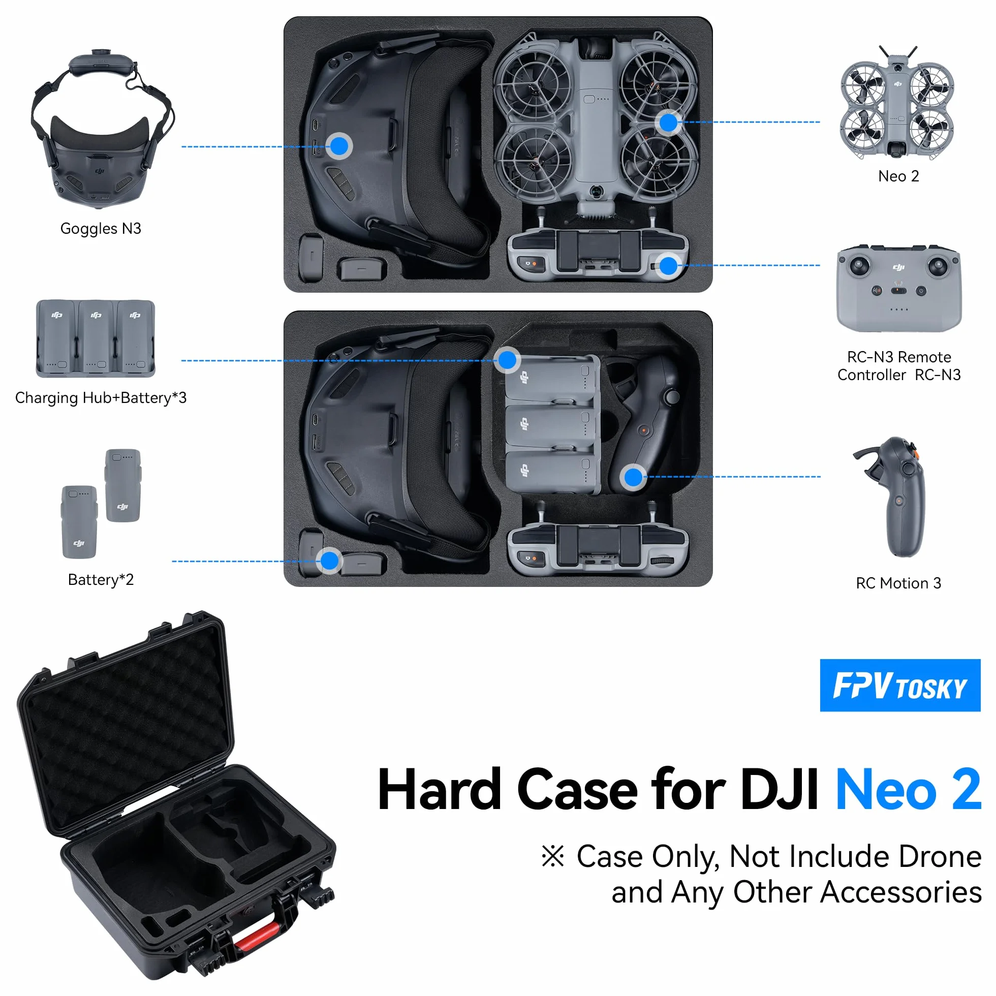FPVtosky Custodia rigida impermeabile per DJI Neo 2 Motion Fly More Combo, adatta per occhiali N3, RC Motion 3, telecomando RC-N3, supporta fino a 6 batterie e accessori (solo custodia)