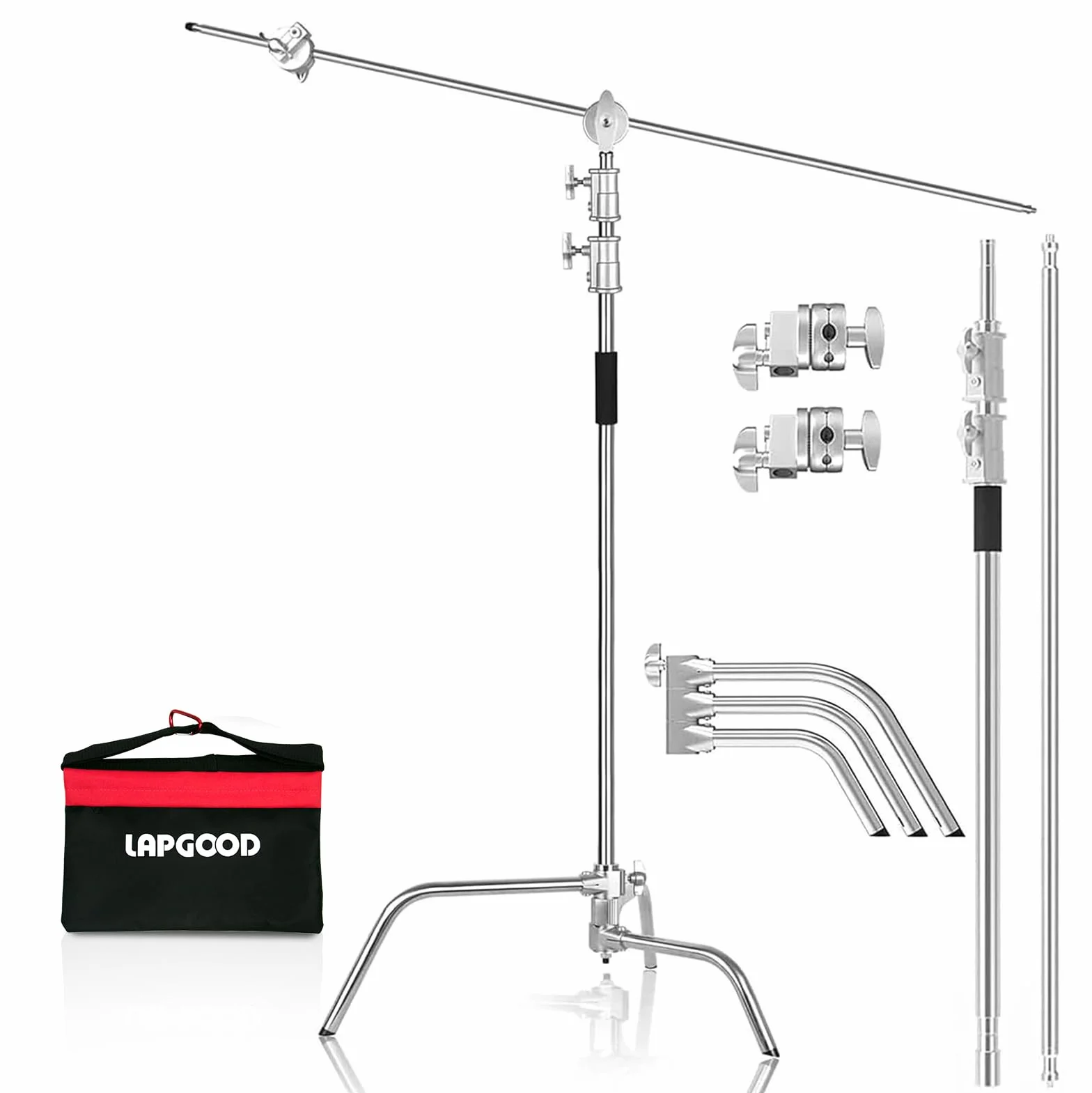 C Stand 100% Acciaio Inossidabile per Carichi Pesanti con Braccio a Braccio,Altezza Max 330cm Supporto C Regolabile Supporto per Lampada con Braccio di Sostegno da 127cm,2 Teste con Maniglia