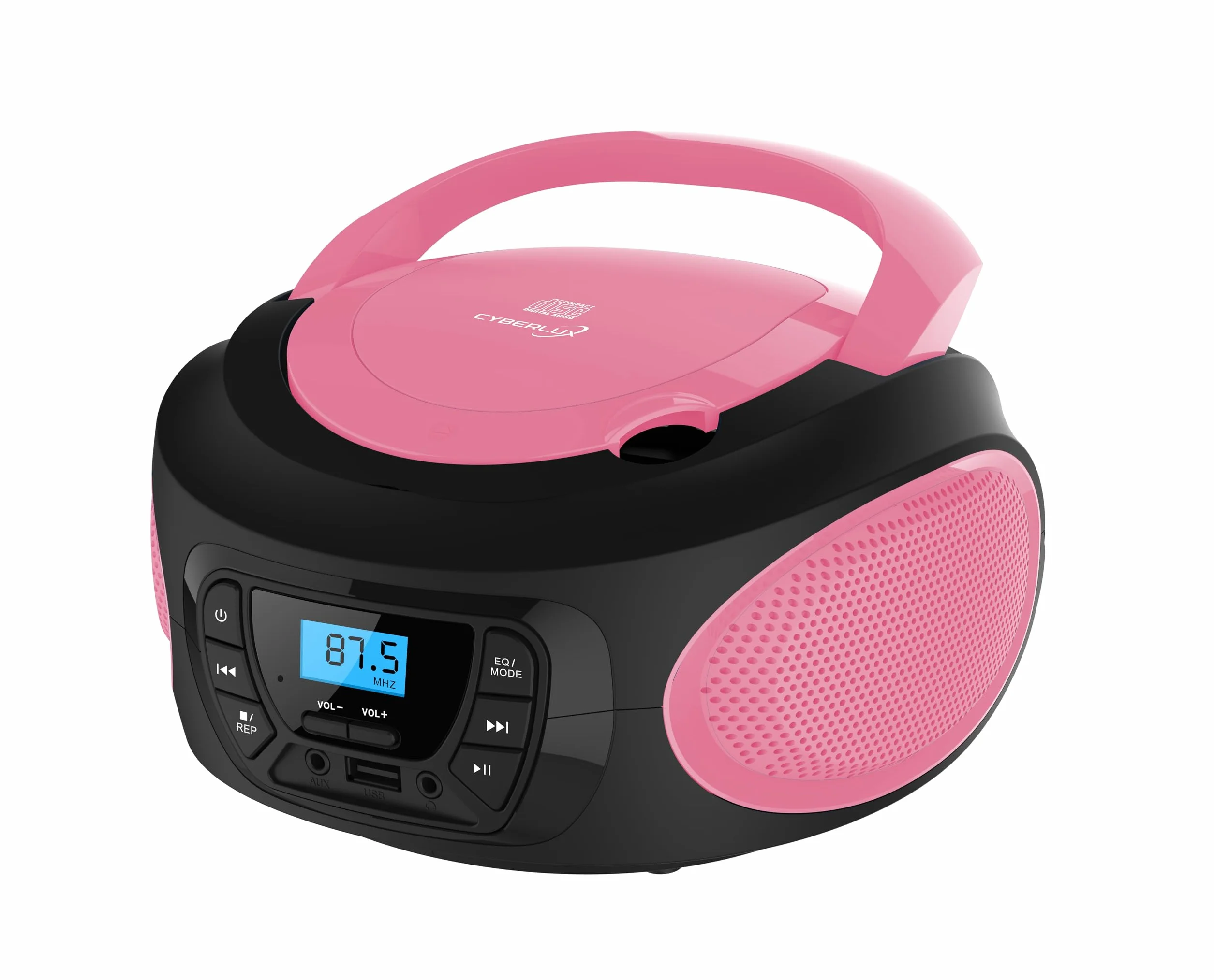 Boombox Lettore Portatile Radio FM con CD, USB e Ingresso AUX-IN, Presa per Cuffie - Sistema Stereo Compatto - Rosa Brillante (Pretty Pink)