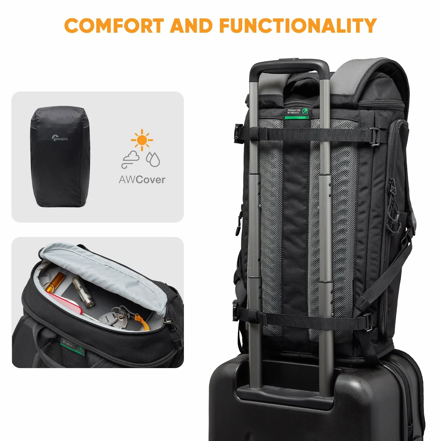 ProTactic Lite BP 150 AW III Lowepro, Accesso Superiore e Laterale, Borsa per Fotocamera, DSLR/ Droni/ Mirrorless, Laptop fino a 14", Copertura Antipioggia, per Fotografi e Videografi, Capacità 25L