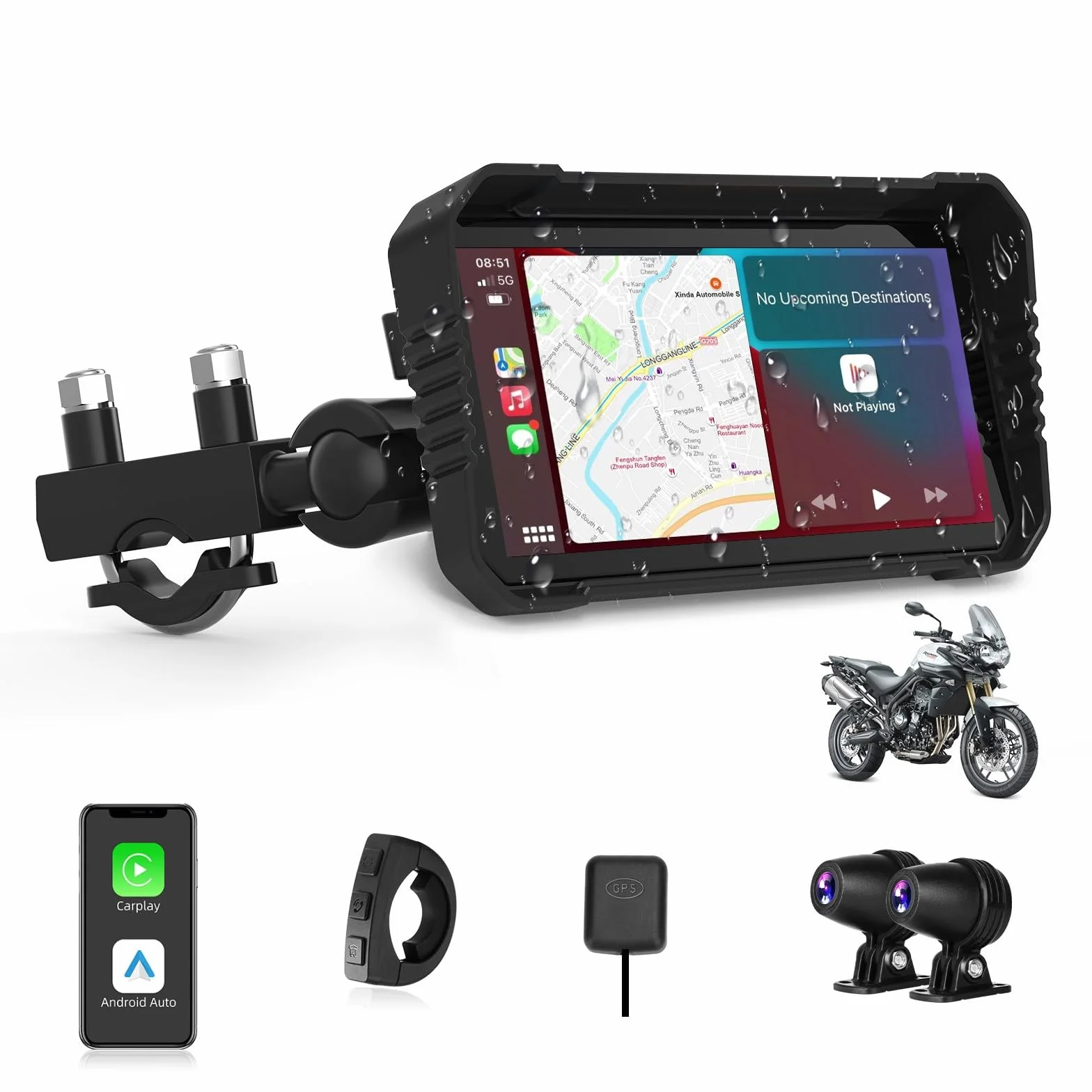 Motorcycle Carplay Android Auto 4K Dashcam 6.25" Double Camera Bluetooth IP67 GPS Navigation 64GB
