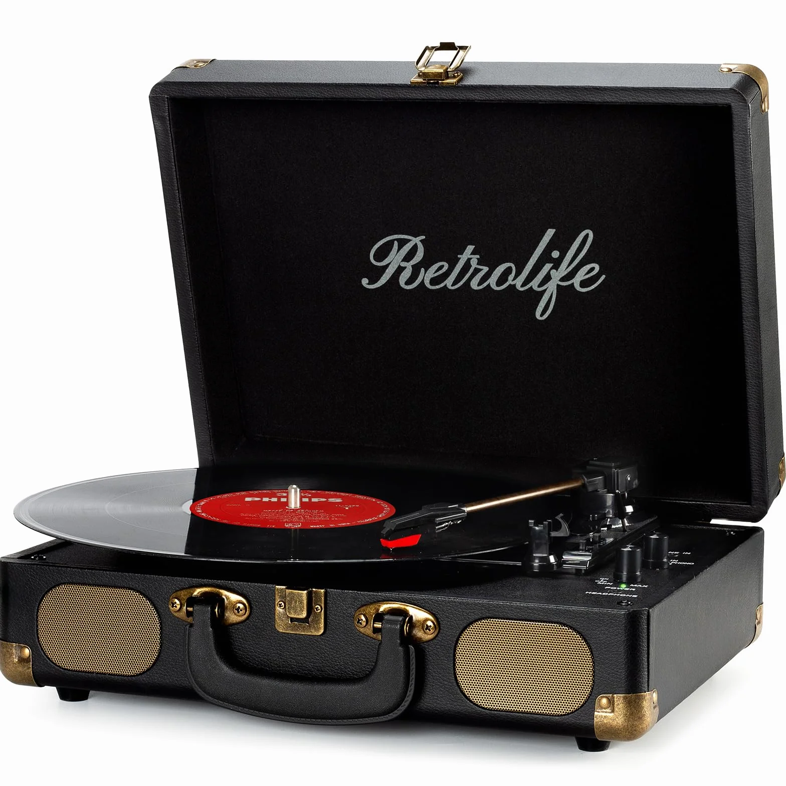 Giradischi Bluetooth 3-Velocità 33/45/78 Giri, Stereo Portatile Vintage con Altoparlanti, RCA, AUX, Cuffie