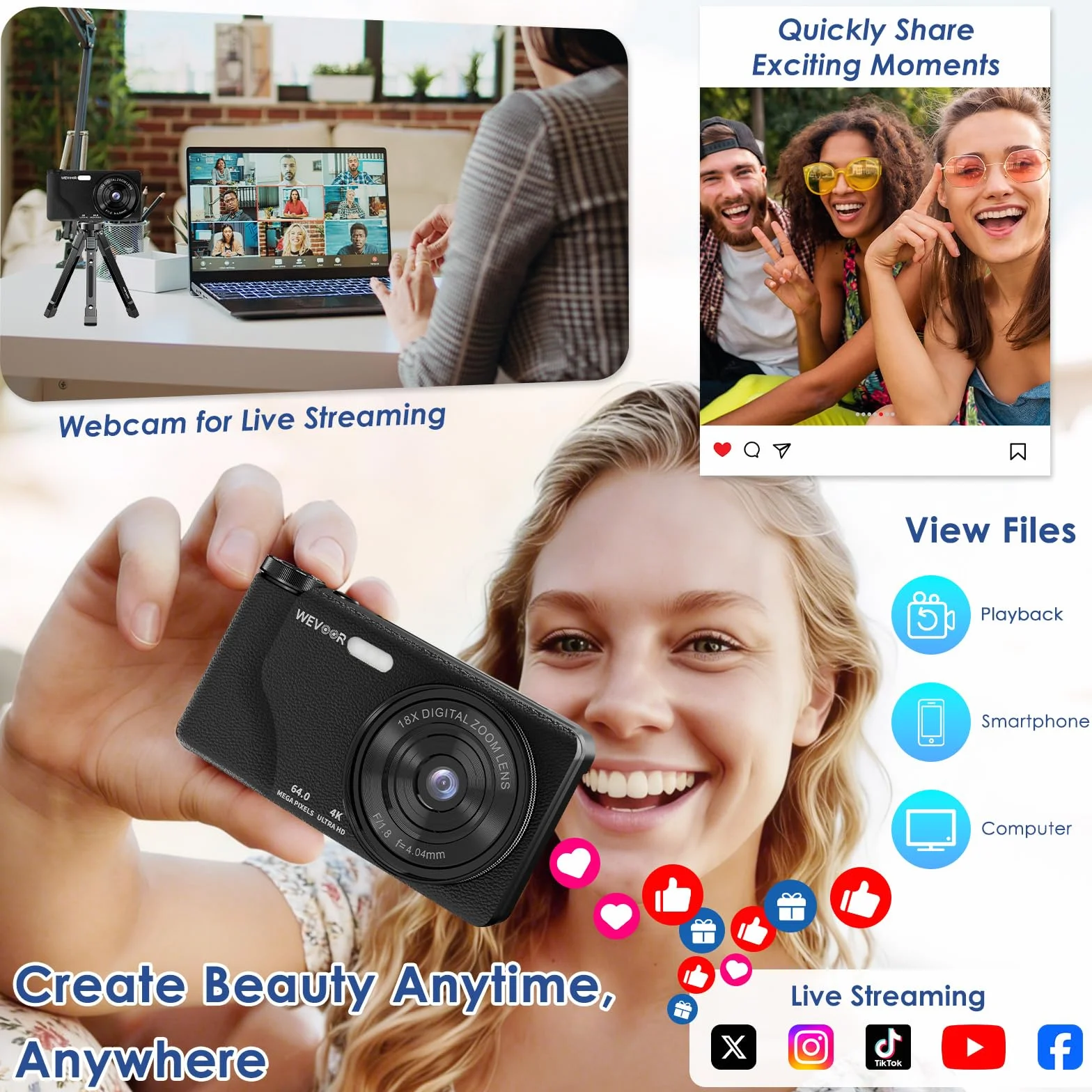 Macchina Fotografica Digitale 4K 64MP, Wevoor Fotocamera Digitale Compatta 32GB con Flip 180° da 3", Zoom Digitale 18x, Batteria da 2000 mAh, Digital Camera Per Principianti Adolescen Bambini - Nero