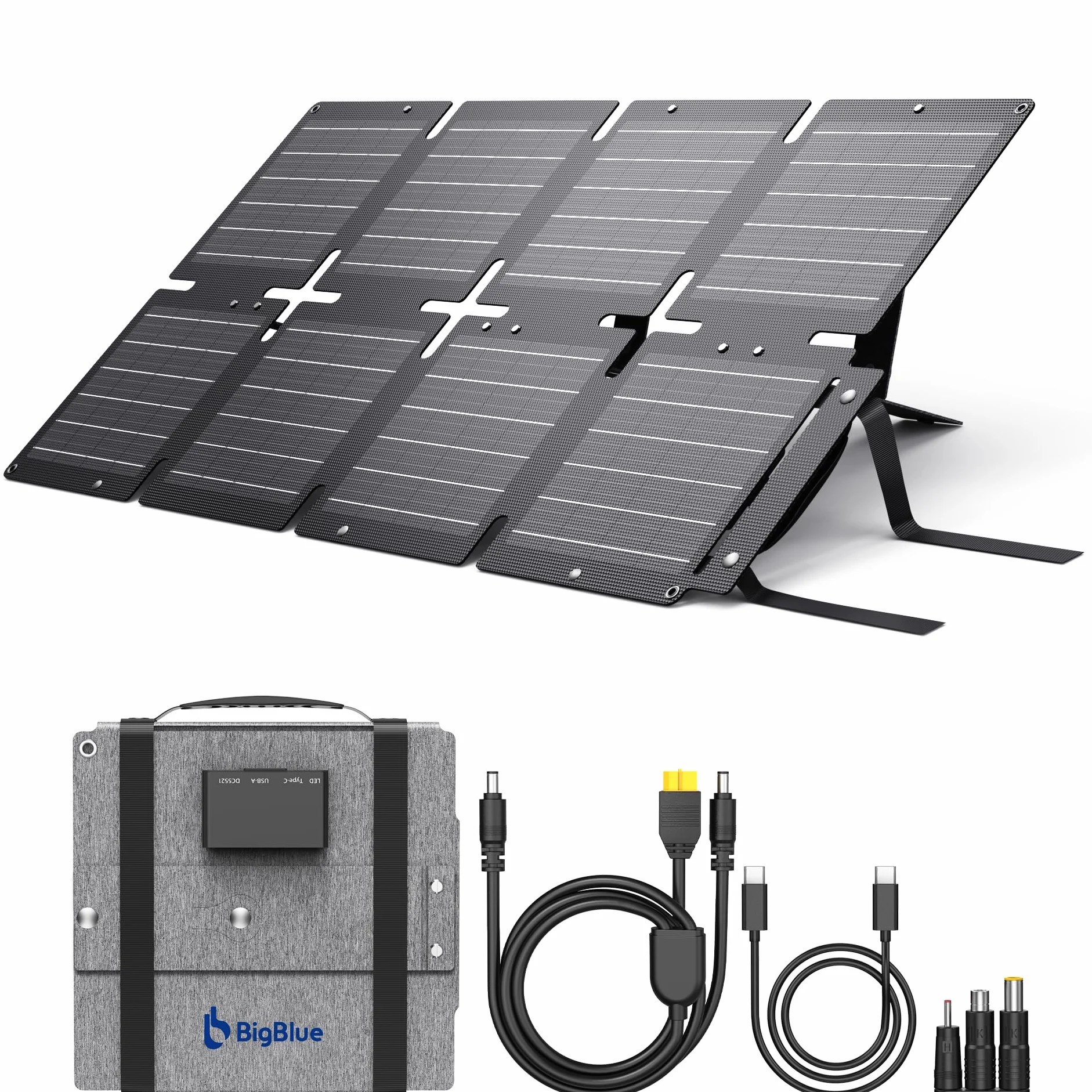 BigBlue Caricabatterie Solare Pieghevole 60W, ETFE Pannelli Solari Portatile QC3.0+PD45W Uscita CC 22,2V【IP68 e Supporto Angolare】per Campeggio, Compatibile con Smartphone Tablet Generatore Solare
