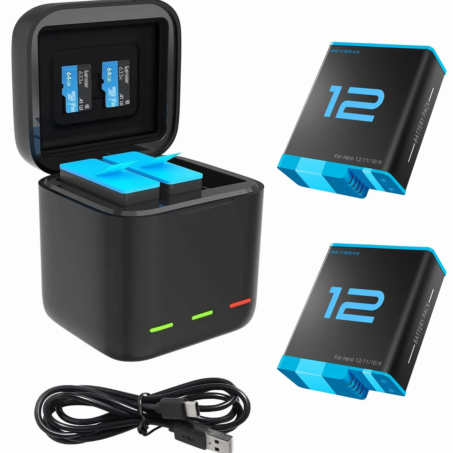 REYGEAK Hero 12 - Caricabatterie a 3 canali per GoPro Hero 11/10/9