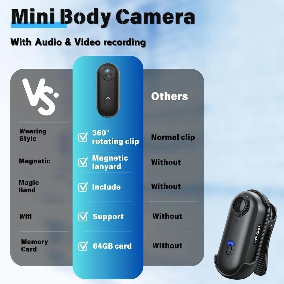 Camere corporee 1080P con registrazione audio e video - videocamera corporea 1080P impermeabile, magnetica e con clip a 360°, batteria da 150 minuti per ciclismo, passeggiate con animali (1080-B-32G)