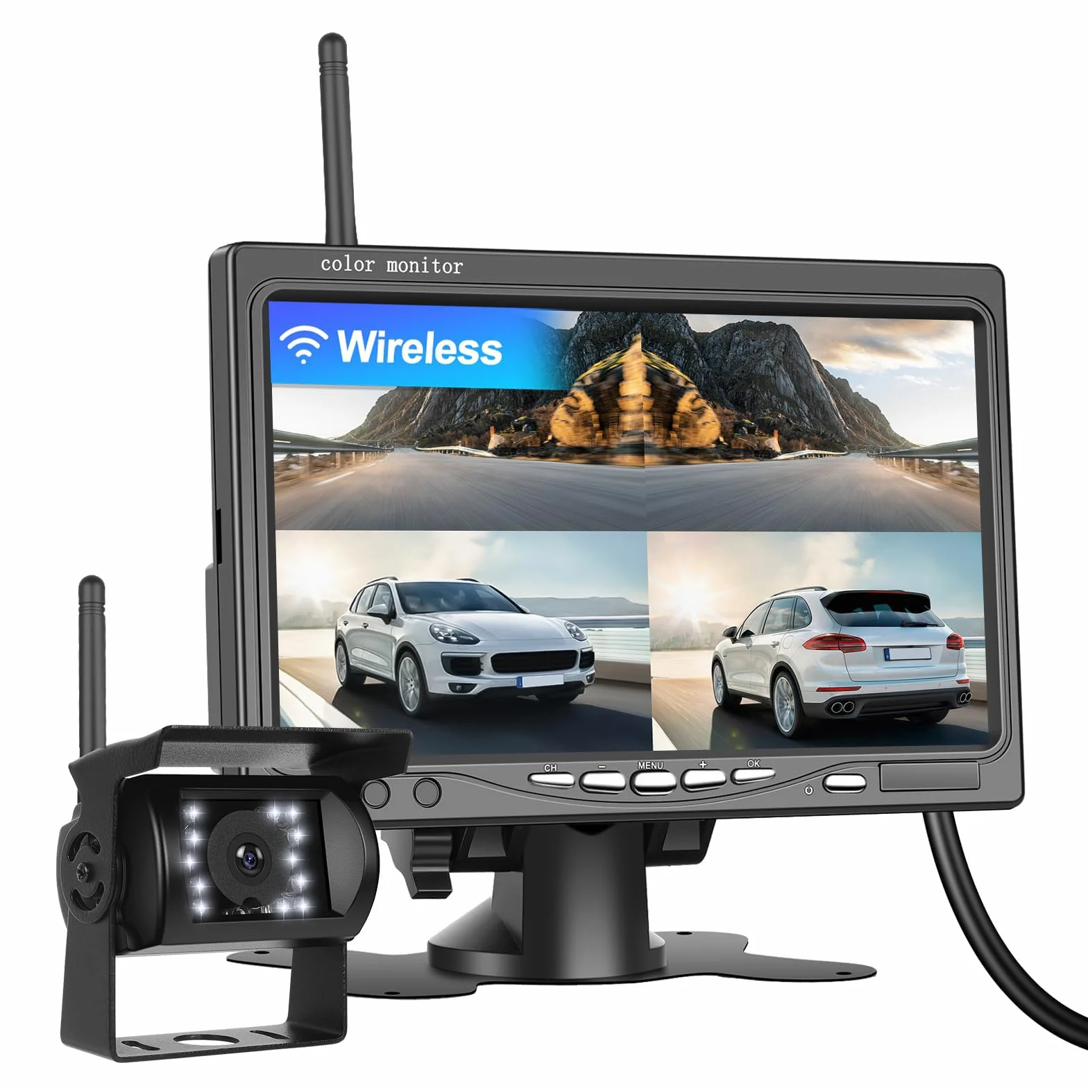 CAMECHO Telecamera di Retromarcia Wireless IR Visione Notturna 12V-24V Monitor TFT LCD da 7" Impermeabile per Camion/Van/Caravans/Rimorchi/Camper