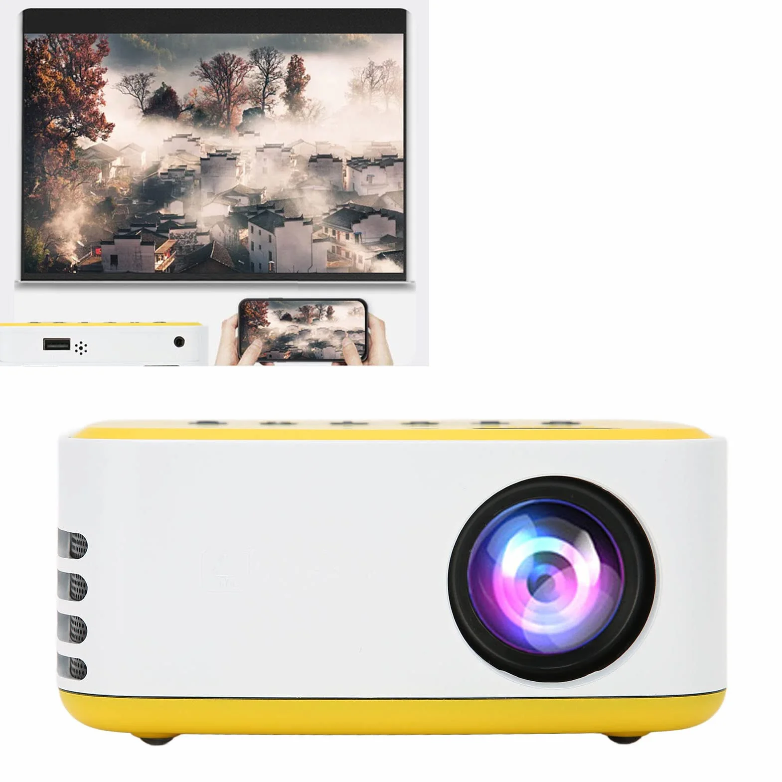 Mini Proiettore, Mini Proiettore Portatile 1080P con Altoparlante Integrato, Proiettore Cinematografico da 20000 Ore Compatibile con Smartphone per Viaggi in Campeggio a Casa(Spina UE)