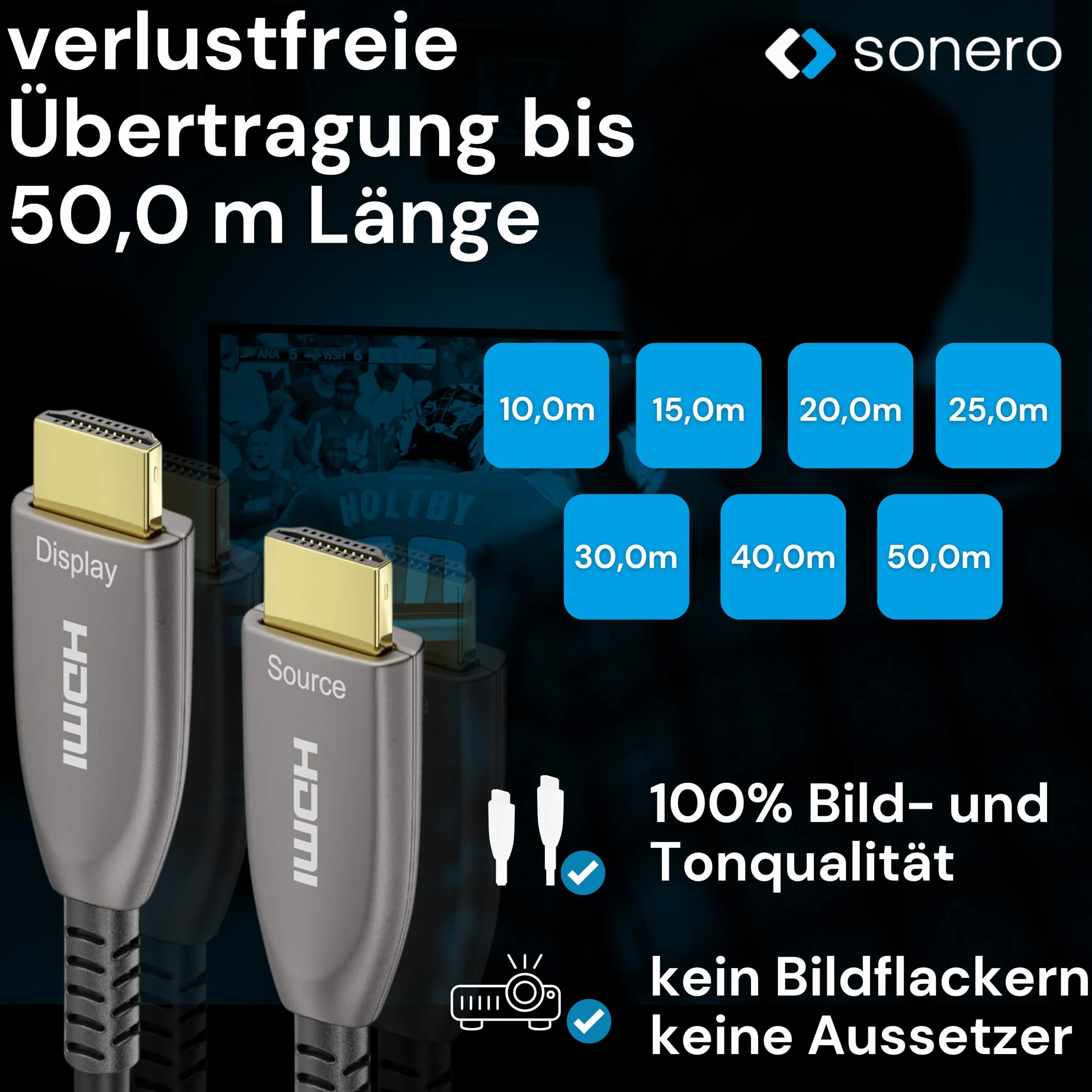 sonero® cavo HDMI 2.0b da 30 m, fibra ottica ibrida, UHD 2160P, 4K60Hz, 4:4:4, HDR, 18 Gbps
