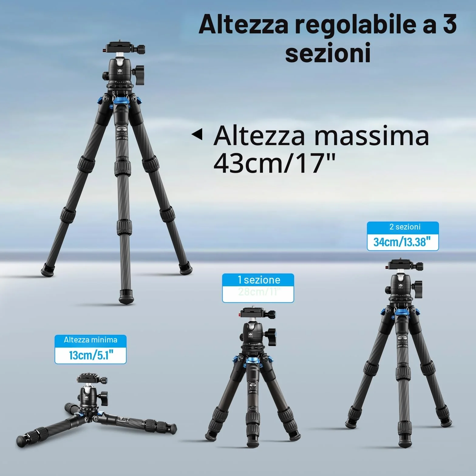 SIRUI Mini Treppiede Fotocamera AM-223, Portatile Compatto Treppiede Carbonio con Testa a Sfera B-00K a 360 Gradi, 13-43CM Treppiede da Viaggio con Piastra a Sgancio Rapido, Carico Massimo 15kg