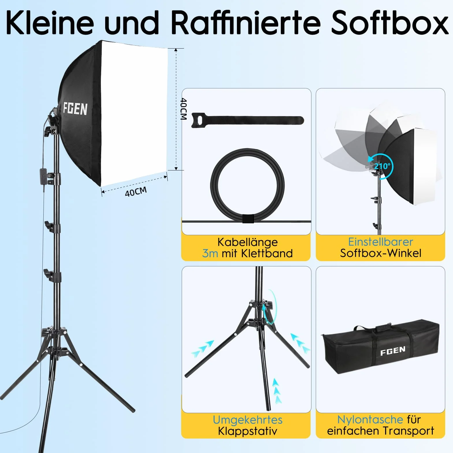 FGen Softbox Set,1x40x40cm Softbox lunghezza del cavo ottico 300cm con 85W 2700-6400K perline LED e regolabile 150cm Sostegno, riprese video e fotografia di prodotto