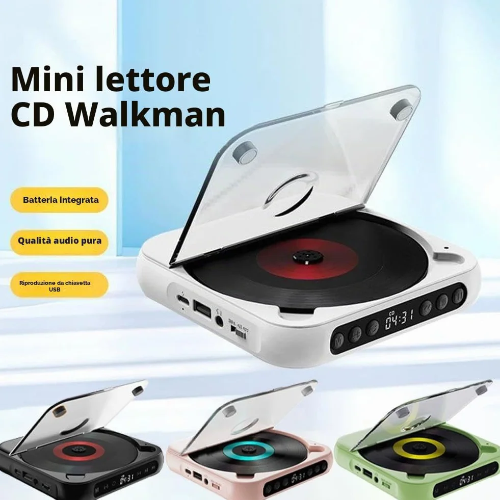 Lettore CD portatile con Bluetooth, piccoli lettori CD Hi-Fi con altoparlante, riproduttore compatto per auto/studio/viaggi, con cavo USB-C e auricolari (nero)