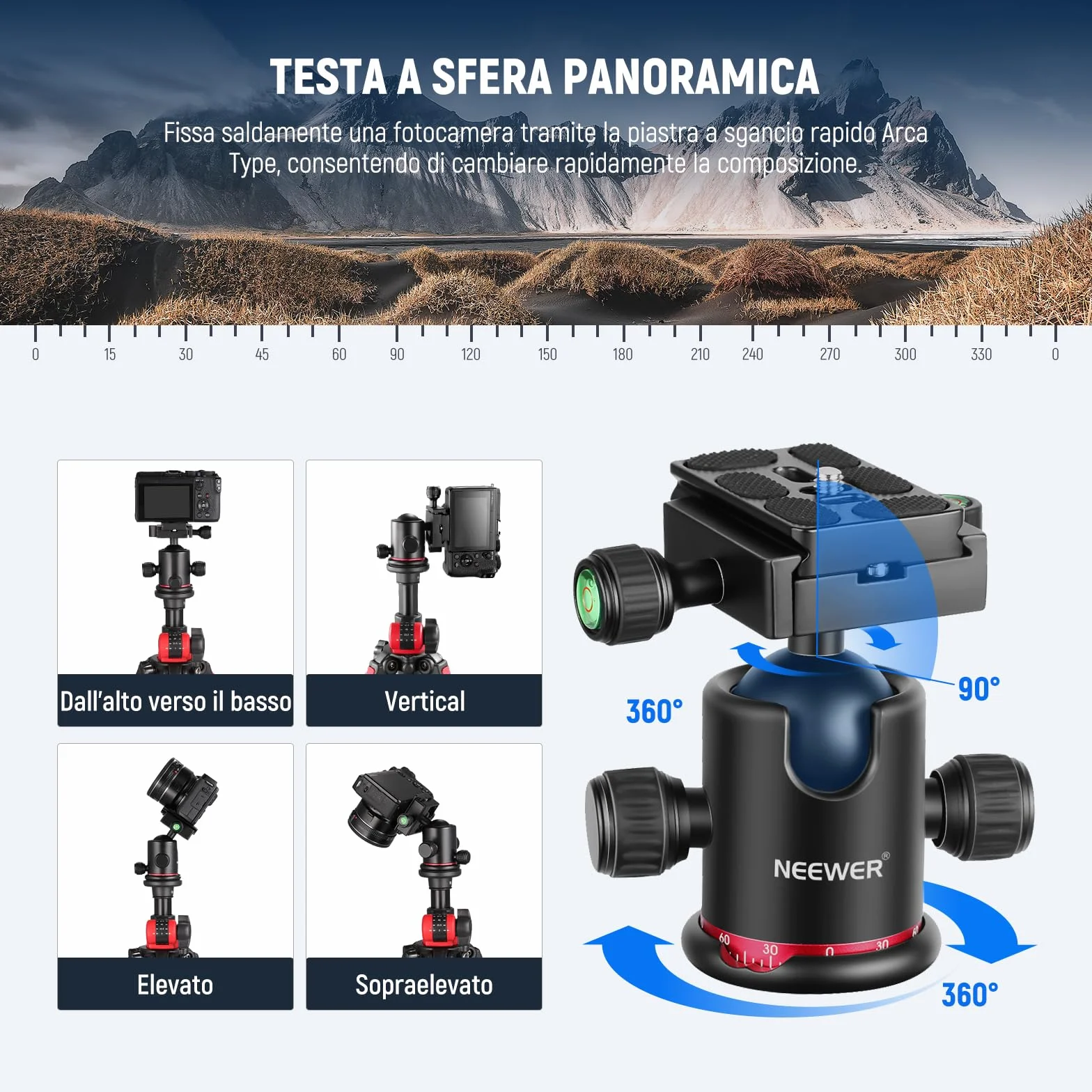 NEEWER 184cm Treppiede Monopiede per Fotocamera con Colonna Centrale e Testa a Sfera in Alluminio, Piastra QR Tipo Arca, Borsa, Treppiede Braccio Orizzontale per Fotocamera DSLR, Videocamera, Max 33lb