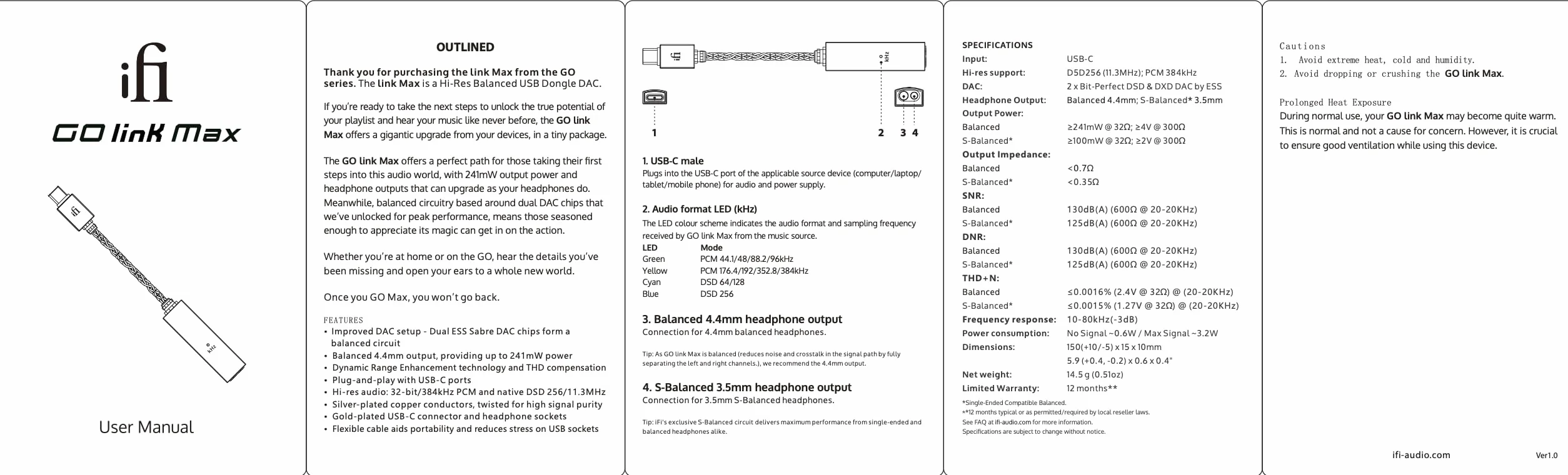 iFi Audio Go Link Max - Amplificatore per cuffie portatili/Dongle DAC USB-C a 3,5/4,4 mm - Audio Plug and Play Hi-Res con Dynamic Range Enhancement - PCM 384kHz/DSD256