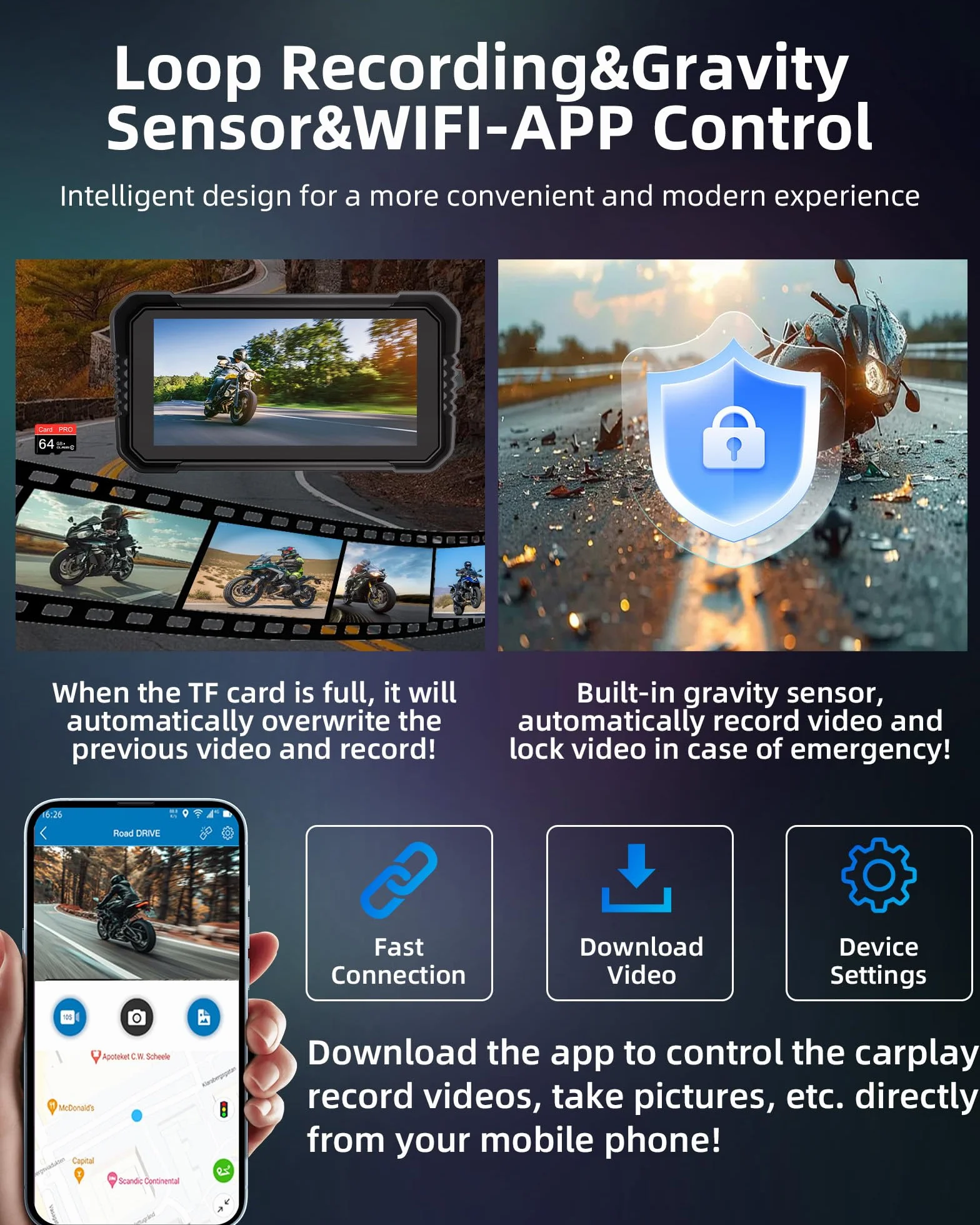Motorcycle Carplay Android Auto 4K Dashcam 6.25" Double Camera Bluetooth IP67 GPS Navigation 64GB