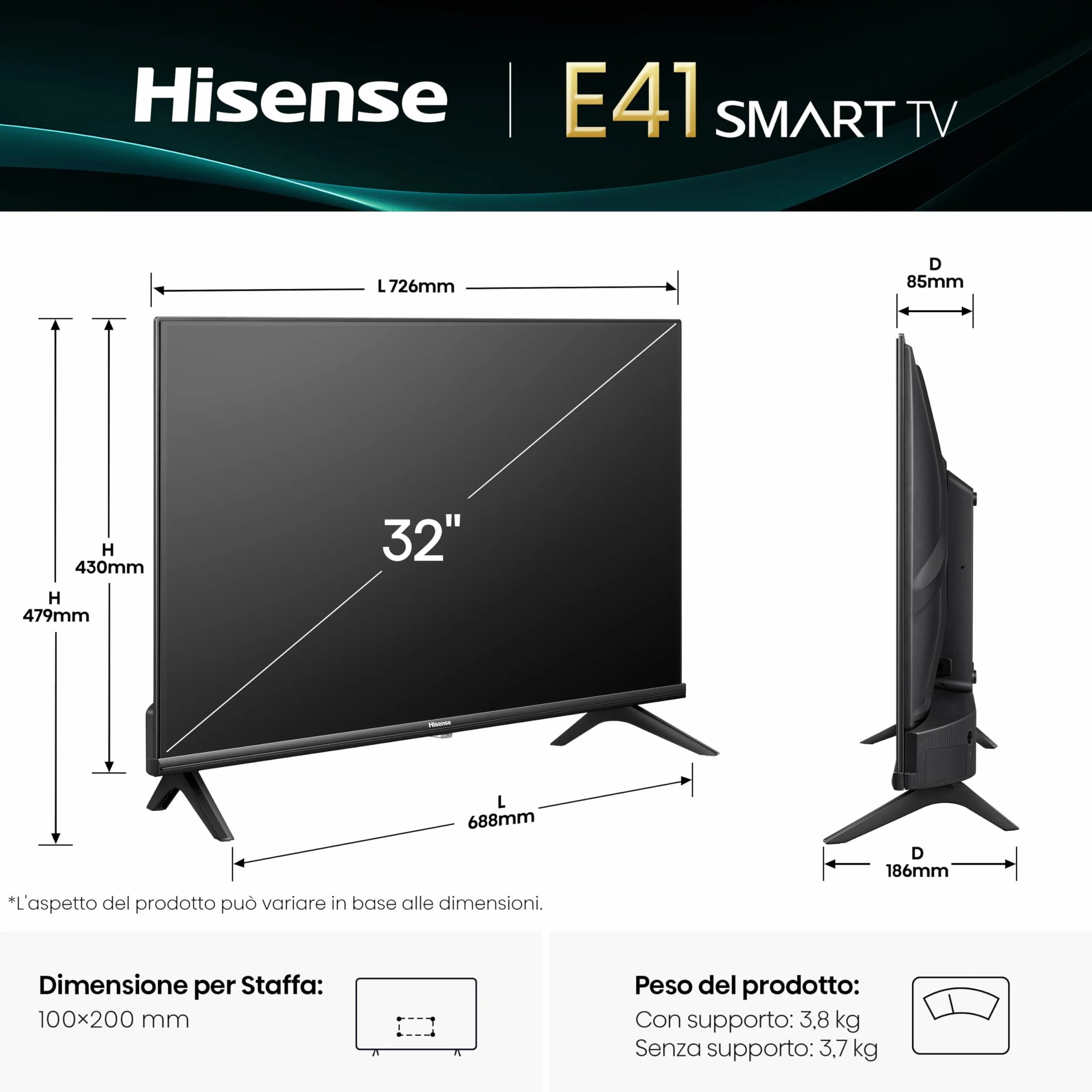 Hisense TV 32" HD Ready 2025 32E41QT, Smart TV VIDAA U8, Airplay2, Game Mode, Works with Alexa, Tuner DVB-T2/S2 HEVC 10, lativù, 32'', 2025 LED