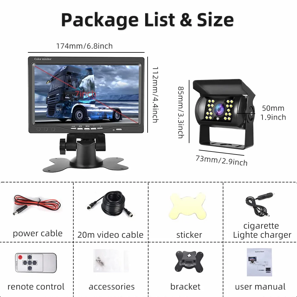 Kit Telecamera Retromarcia con 7 Pollici monitor HD, Telecamera Backup Impermeabile IP68 Visione Notturna 18IR, Telecamera Posteriore Auto con Cavo 4 Pin 20 m 12V-24V per Camper/Camion/Bus/Rimorchi