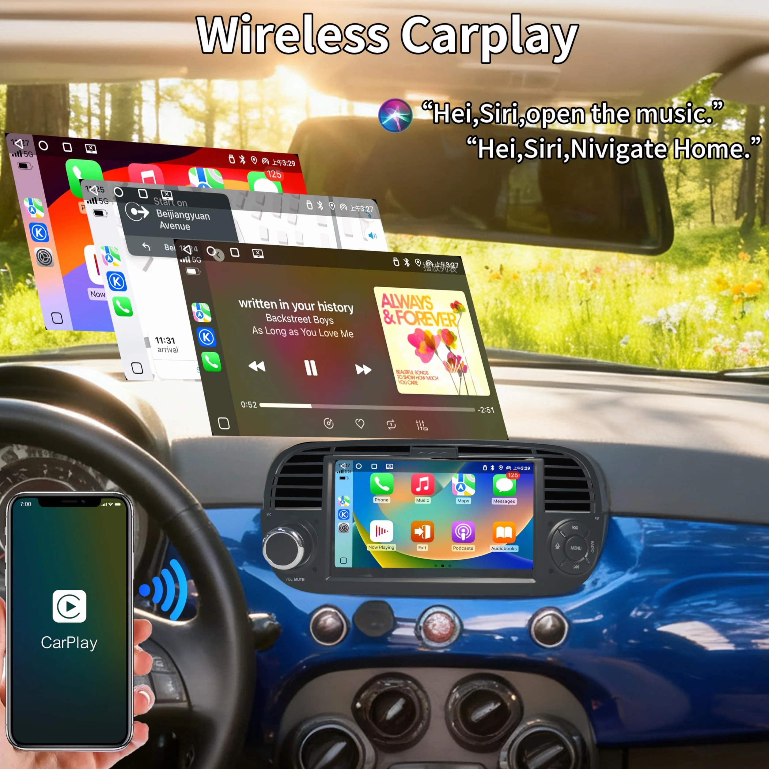 Wireless Carplay per Fiat 500 2007-2015, Schermo IPS da 7", Stereo Fiat 500 Supporta Android Auto e Mirrorlink, Bluetooth, Microfono, AM USB, DSP FM RDS SWC Originale