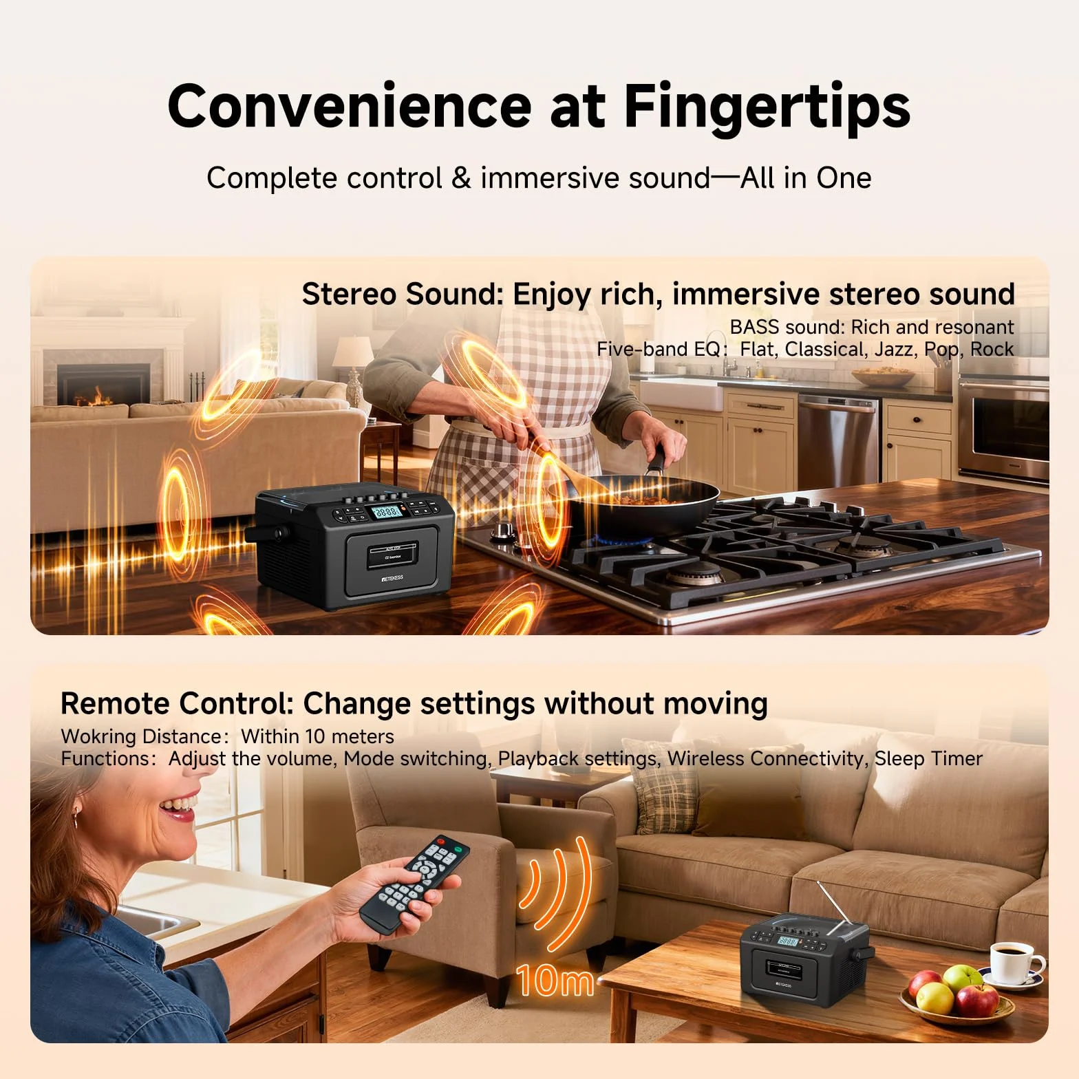 Retekess TR642 Lettore CD Boombox Portatile, Radio con Lettore CD, AM FM Radio, Connettività Wireless, USB/AUX/TF, con Telecomando, Jack per Cuffie, Batterie Ricaricabili, Adatto alle Famiglie