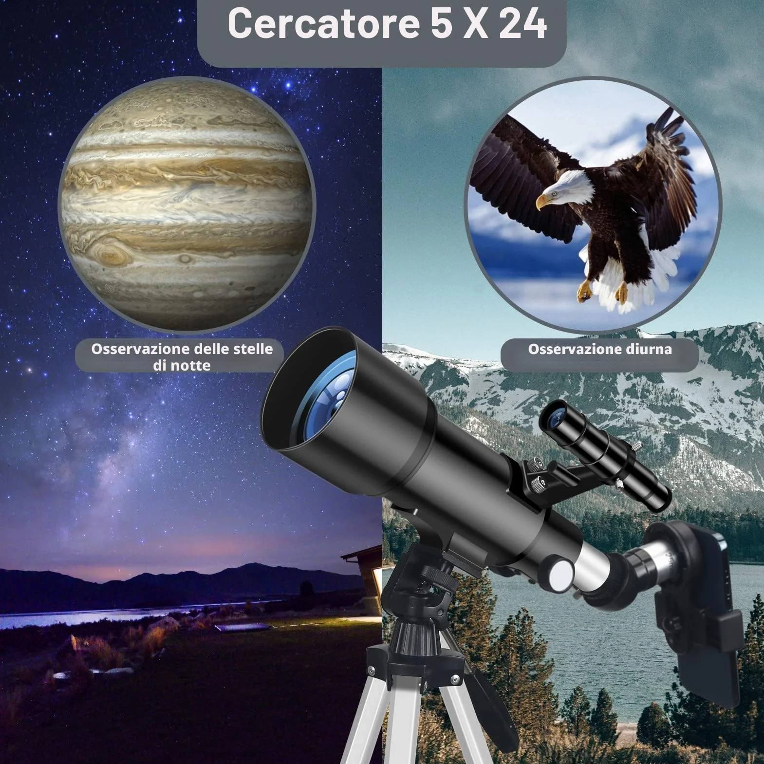 Telescopio, Astronomia Telescopio Professionale 70/400mm per Principianti con Cannocchiale 5 x 24 e Treppiede, Refrattori Telescopi per Bambini Adulti, per Luna Pianeta Guarda(Nero)
