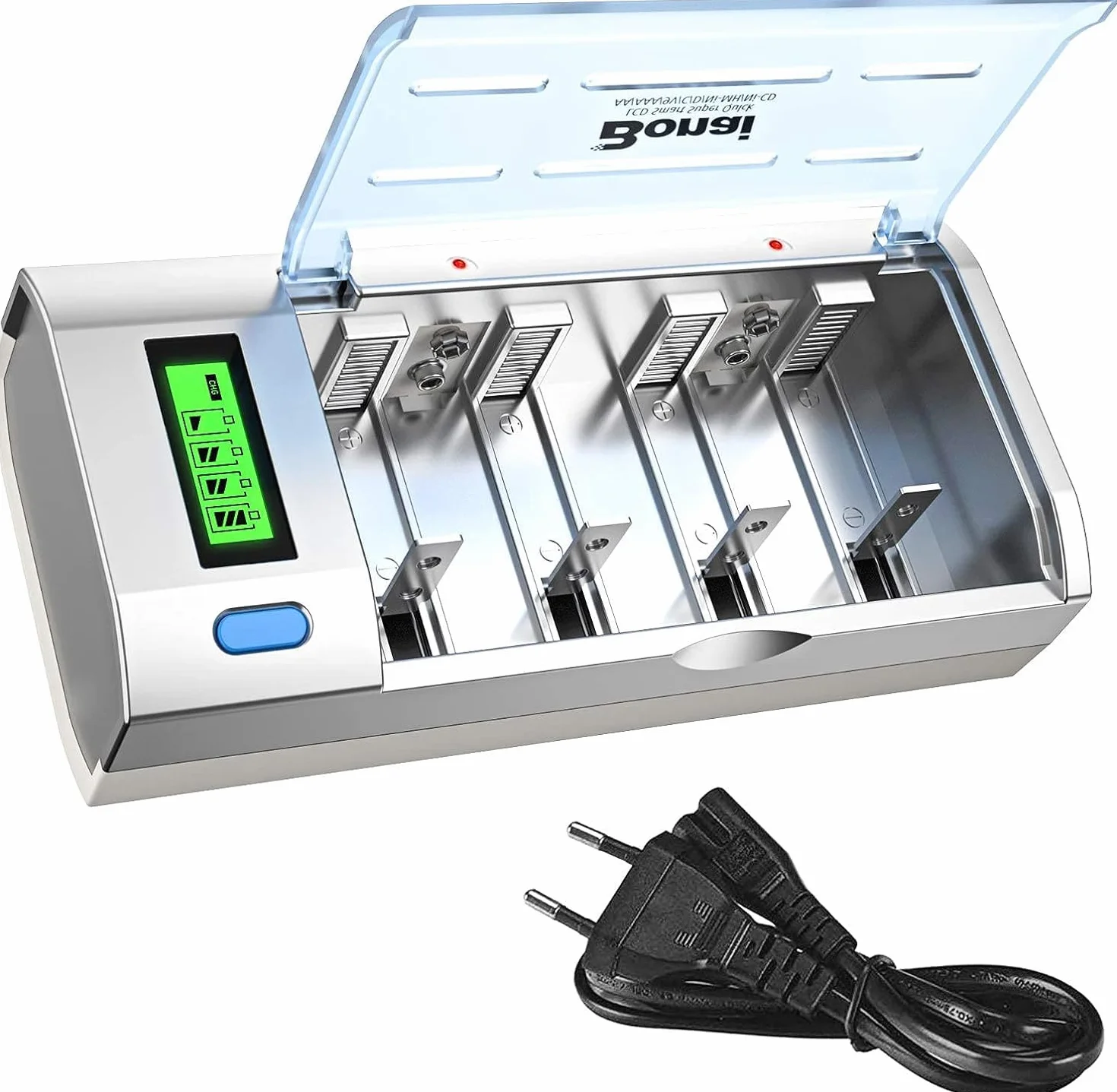 BONAI Caricabatterie Universale per Batterie Ni-MH AA AAA C D e Li-ion 9V, Caricatore Rapido con Display LCD e Funzione di Scarica, 4 Slot Indipendenti