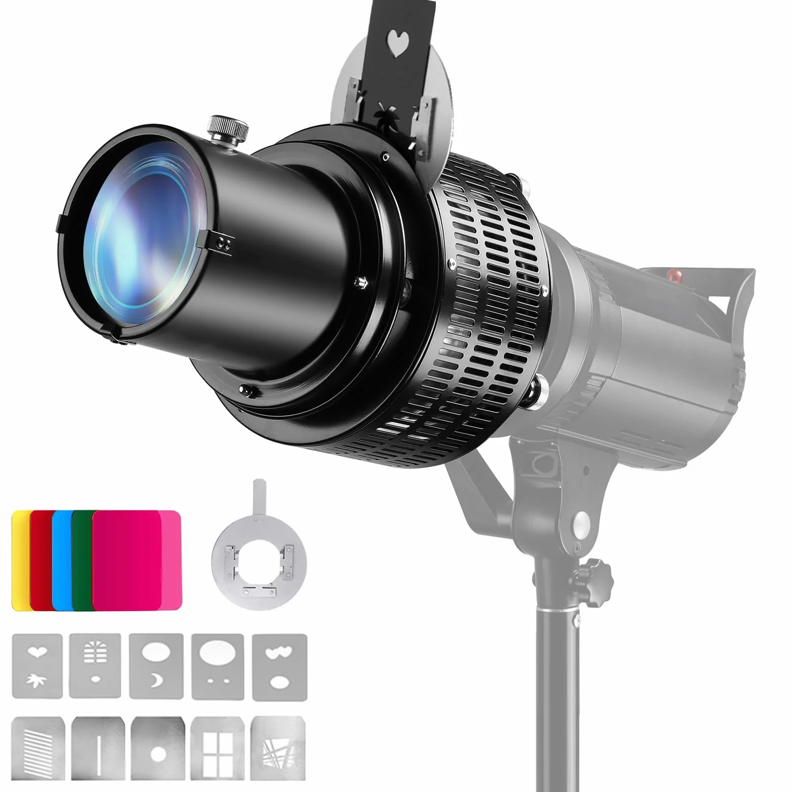 Soonpho Snoot ottico conico con supporto Bowens per fotografia, in lega di alluminio, proiettore GOBO, sensore ottico con 5 filtri e 10 gobos per monolight LED Spotlight
