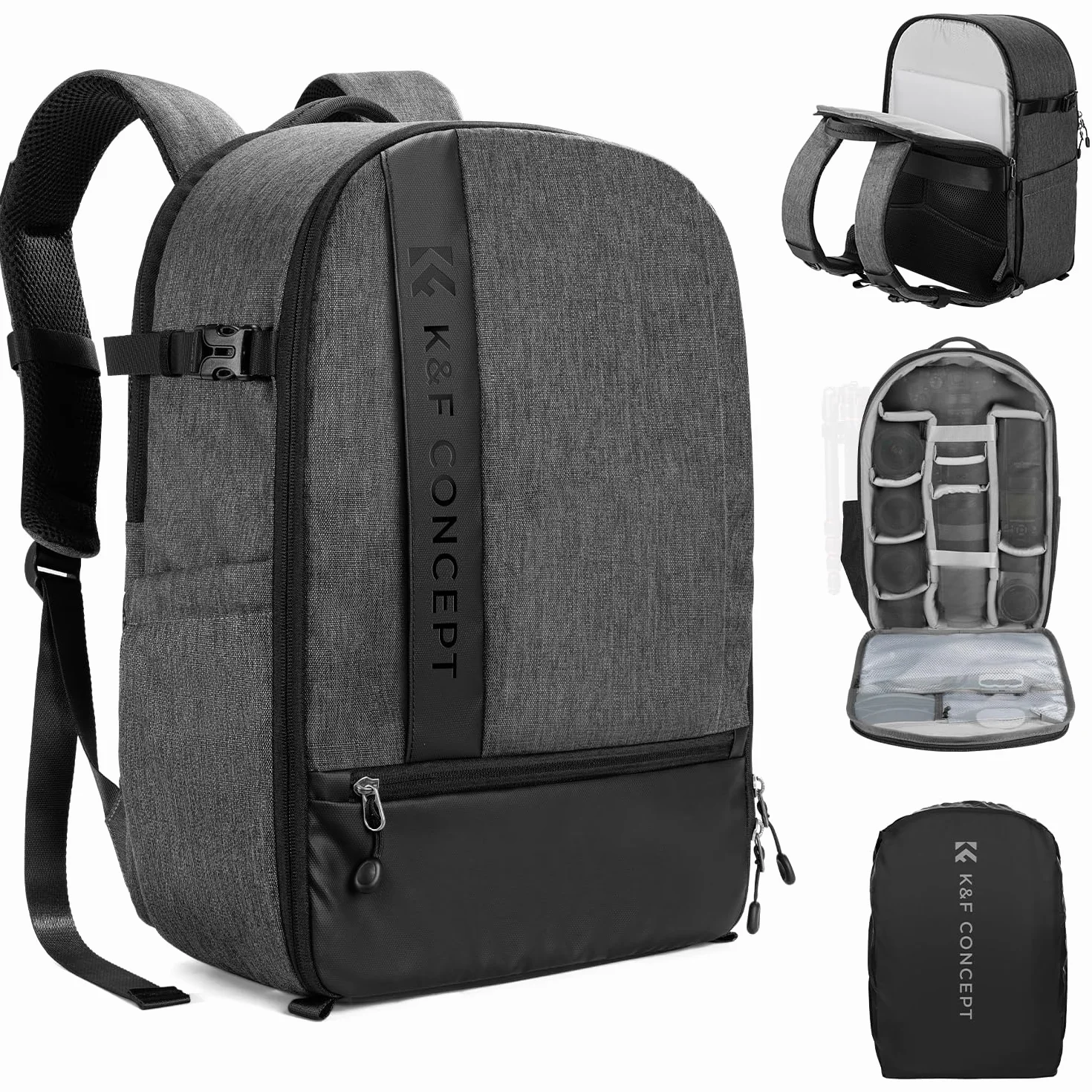 K&F CONCEPT Zaino Fotocamera, Professionale Multifunzionale Borsa Fotografica Portatile con Parapioggia Antifurto Zip, Scomparto per 15.6" Laptop, Treppiede