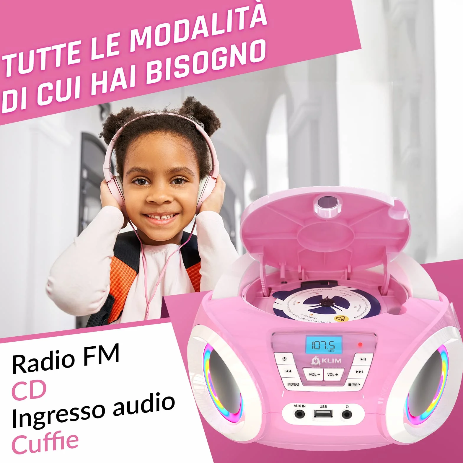 KLIM Candy BAMBINI Stereo per bambini NUOVO - Radio FM - Batterie incluse - Lettore CD Rosa con altoparlanti e Radio - Regalo Perfetto per Bambini e Bambine