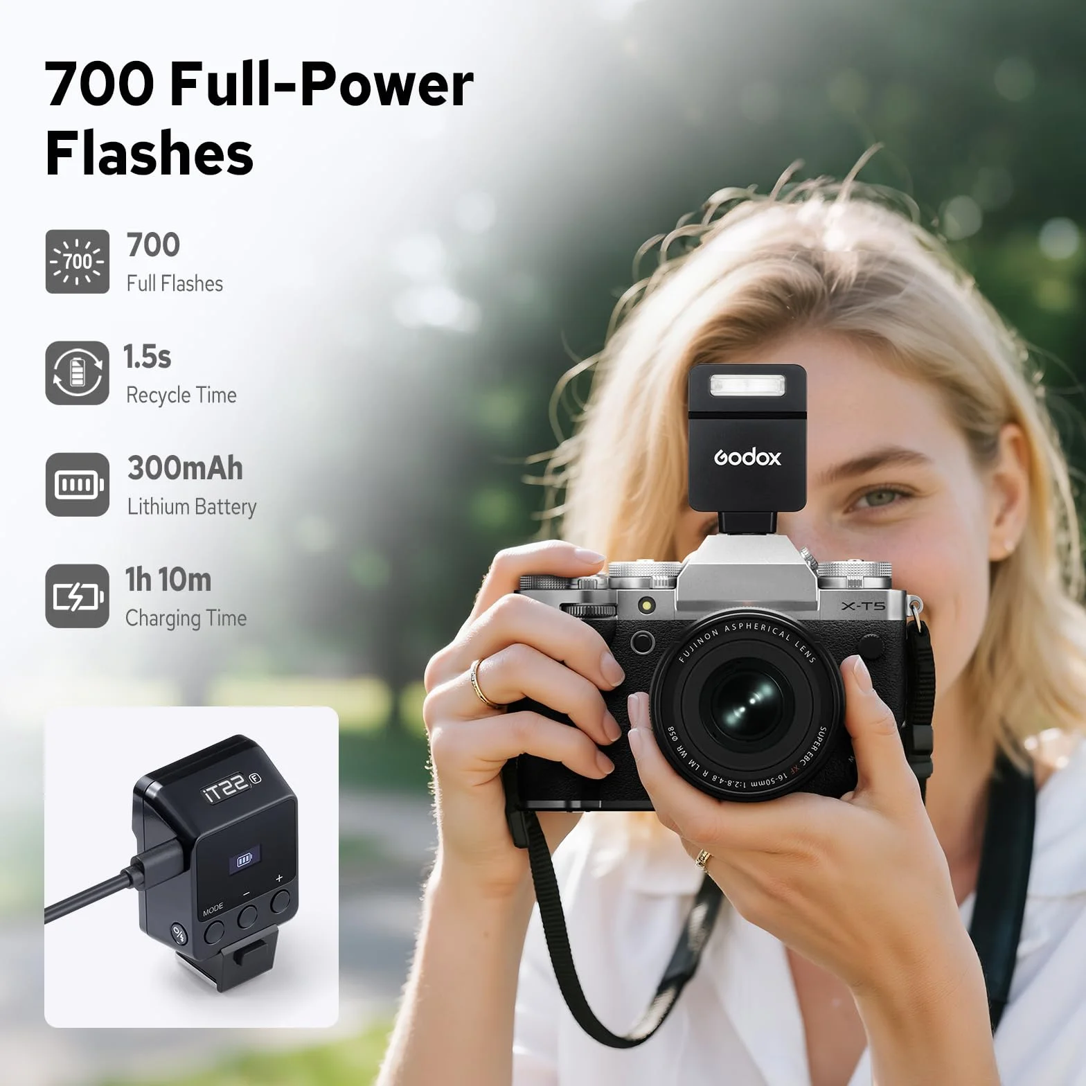 Godox iT22-F Mini TTL Camera Flash for Fujifilm, USB-C Rechargeable Portable Flash with 1.5s Recycling, 700 Full-Power Flashes, Black