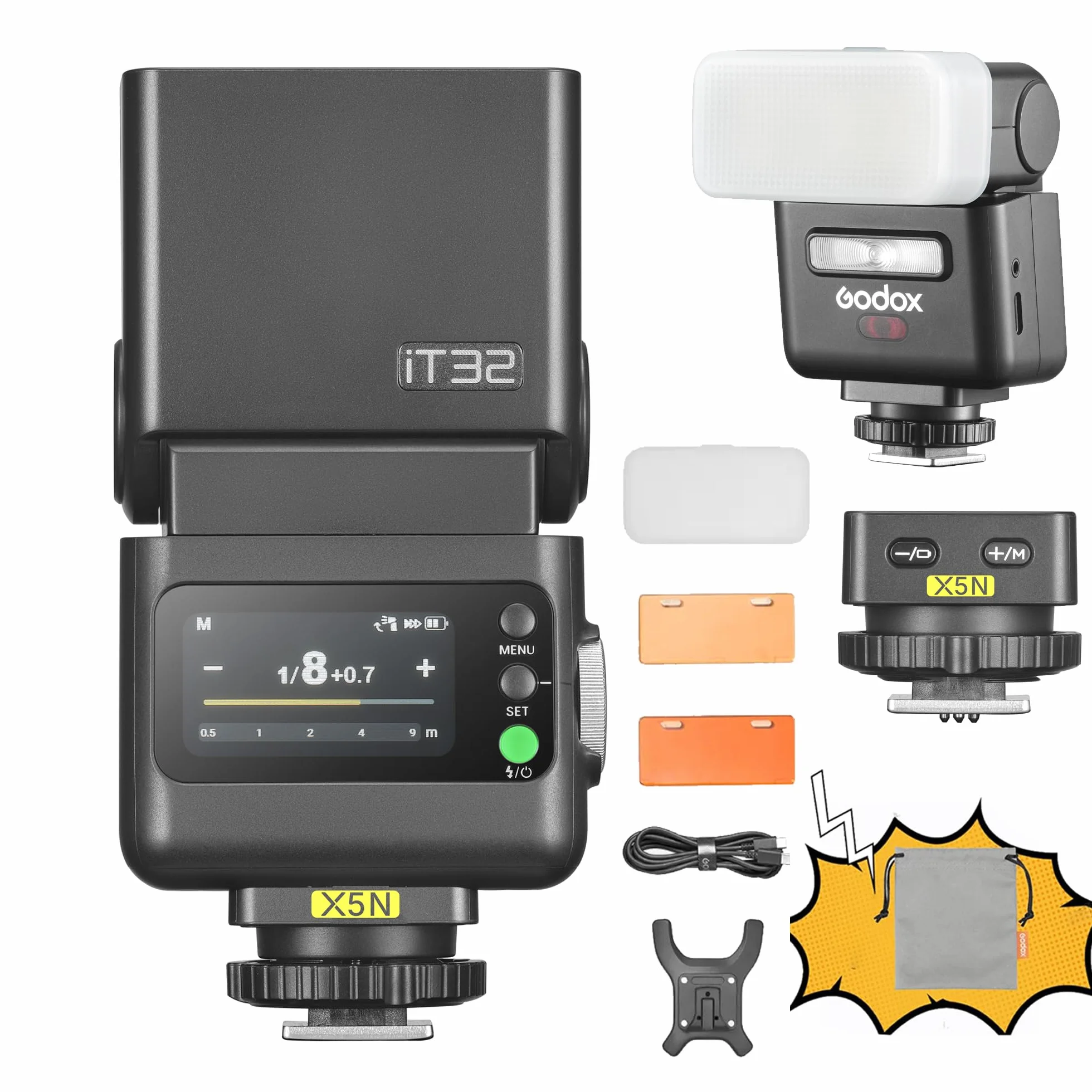 Godox iT32 - Flash TTL per fotocamera e trigger flash wireless X5 N da 2,4 GHz HSS 1/8000 s GN18 con diffusore magnetico per fotocamere Nikon