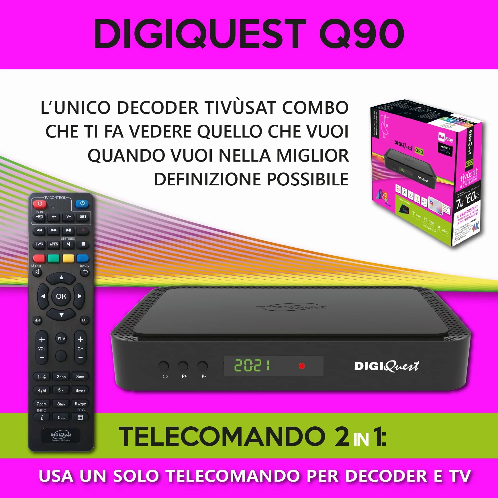 DIGIQUEST Decoder tivùsat COMBO 4K Q90 | Ricevitore satellitare HbbTV, doppio tuner | Videoregistratore e Timeshift | Mediaplayer, Telecomando 2 in 1 | Smartcard tivùsat inclusa | Nero