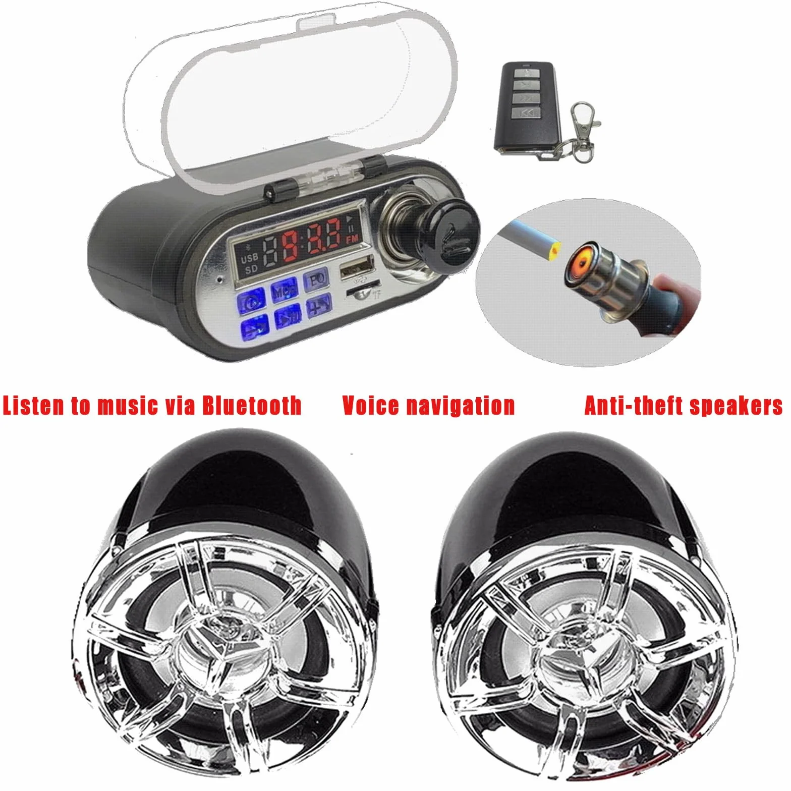 Kit Lettore Radio Bluetooth per Moto Altoparlante Stereo Audio Impermeabile Ricarica per Telefono Cellulare Allarme Antifurto Telecomando